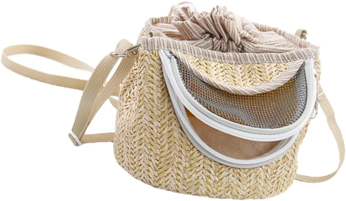 VOSAREA 1Pc Comfortable Hamster Carrier Bag Portable Straw Woven Pet Travel Backpack with Ventilated Gauze Design for Animals and for Long Term Use Light