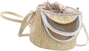 VOSAREA 1Pc Comfortable Hamster Carrier Bag Portable Straw Woven Pet Travel Backpack with Ventilated Gauze Design for Animals and for Long Term Use Light