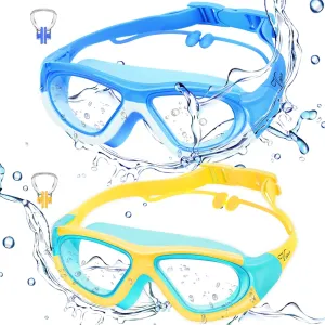 Vvinca Kids Swim Goggles for Kids 3-12, 2024 Upgraded Design with Ear&Nose Plug, Wide View Anit-Fog No Leak Water Pool Goggle