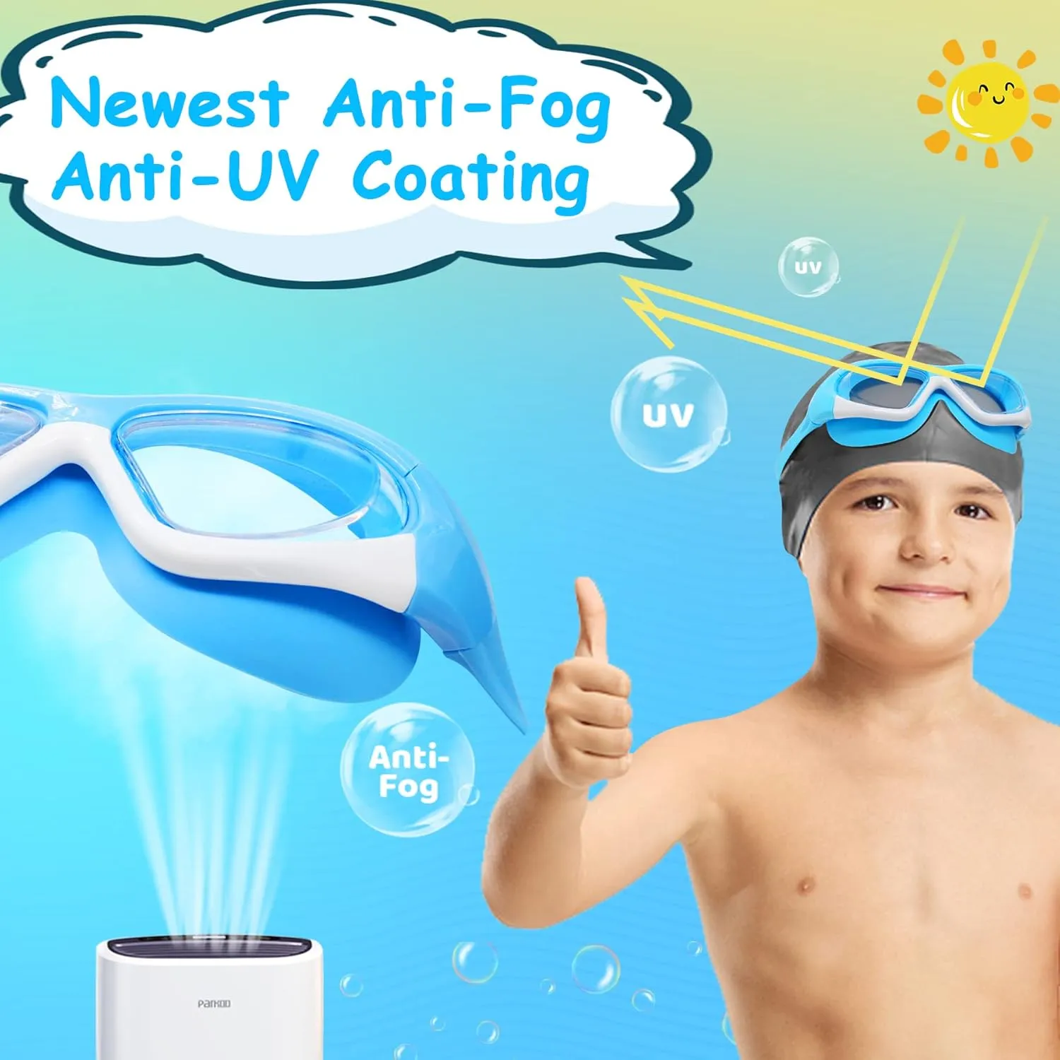 Vvinca Kids Swim Goggles for Kids 3-12, 2024 Upgraded Design with Ear&Nose Plug, Wide View Anit-Fog No Leak Water Pool Goggle