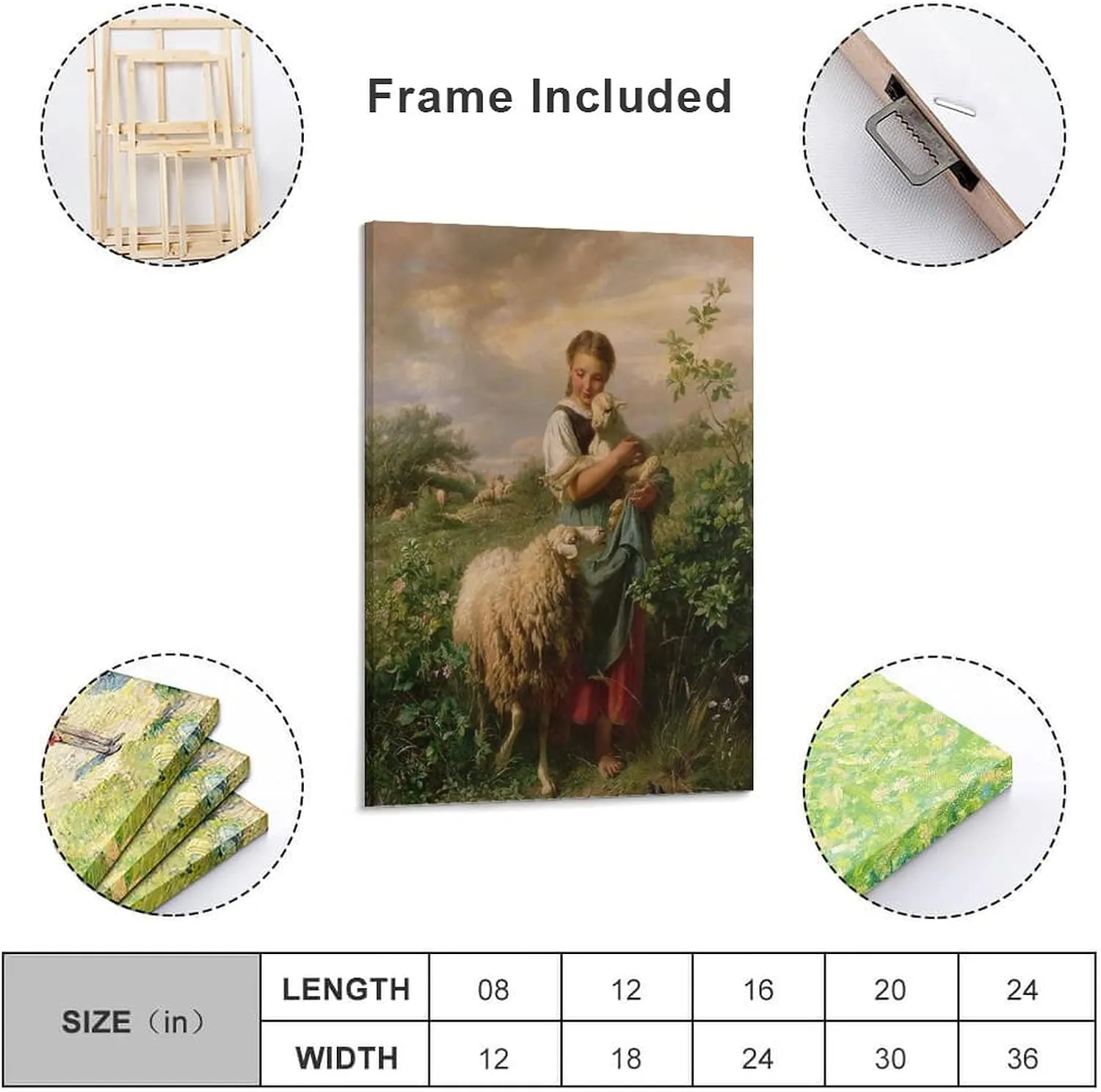 Wall Art Prints Johann Hofner The Shepherdess 1866 Oil Painting On Canvas Canvas Wall Art Prints for Wall Decor Room Decor Bedroom Decor Gifts 20x30inch(50x75cm) Frame
