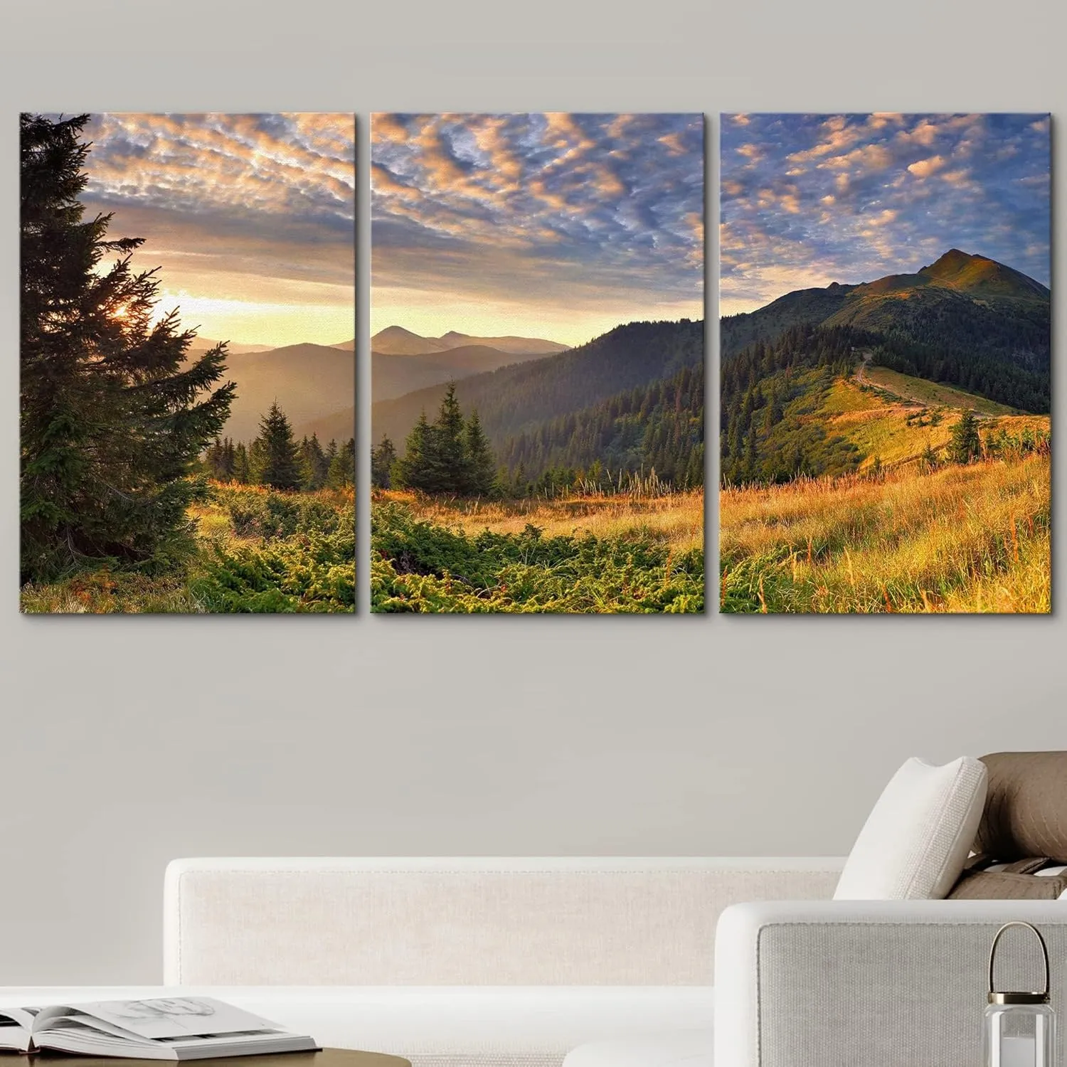 wall26 Canvas Print Wall Art Set Sunset Over Green Mountain Forest Nature Wilderness Photography Realism Zen Scenic Colorful Multicolor for Living Room, Bedroom, Office - 24"x36"x3 Panels