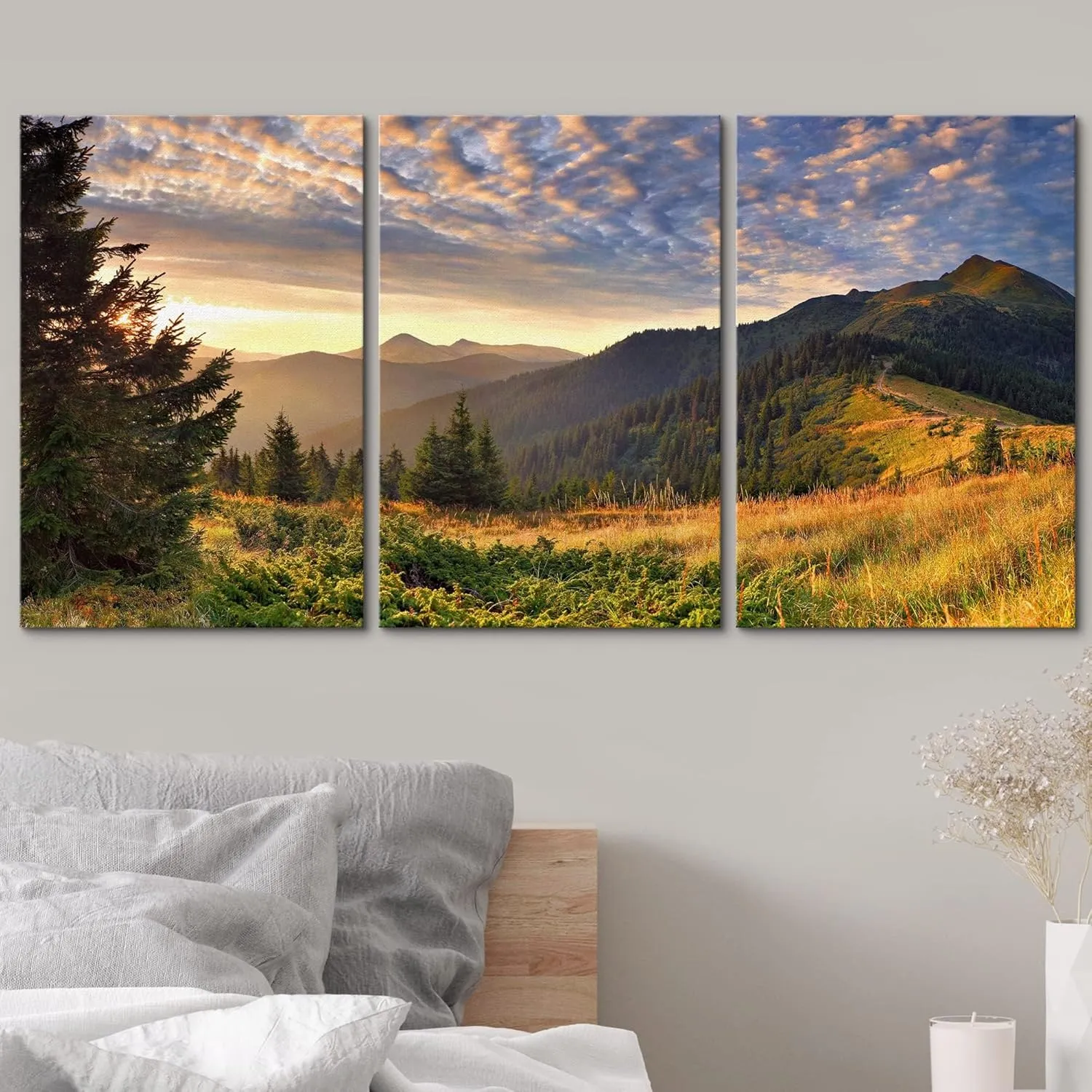 wall26 Canvas Print Wall Art Set Sunset Over Green Mountain Forest Nature Wilderness Photography Realism Zen Scenic Colorful Multicolor for Living Room, Bedroom, Office - 24"x36"x3 Panels