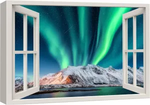 wall26 Canvas Print Wall Art Window View Northern Light Borealis Alaska Mountain Wilderness Nature Photography Realism Scenic Landscape Colorful Multicolor for Living Room, Bedroom, Office - 12"x18"
