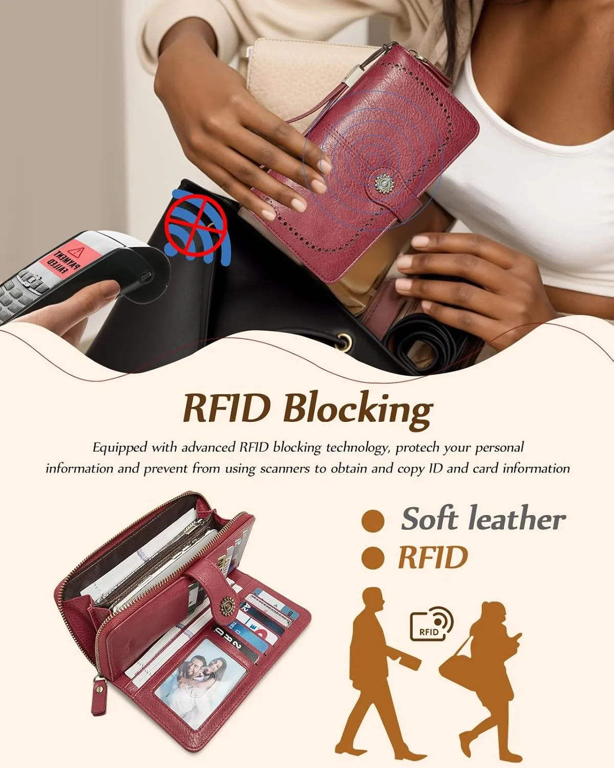 Wallet for Women RFID Blocking Leather Large Capacity Card Holder Ladies Phone Clutch Travel Long Purse Wristlet