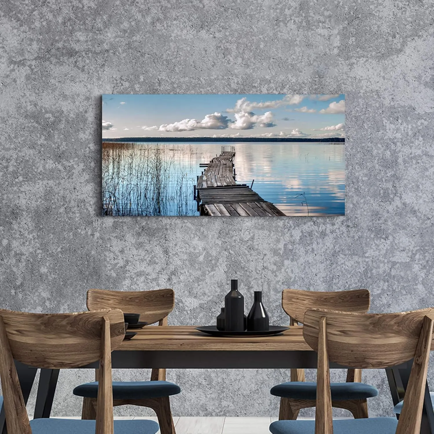 WALLSUP DECOR Lake Pier Canvas Wall Art - Nature Sense Dock Painting Landscape Pier Artwork with Straw&Cloud for Living Room Bedroom Office