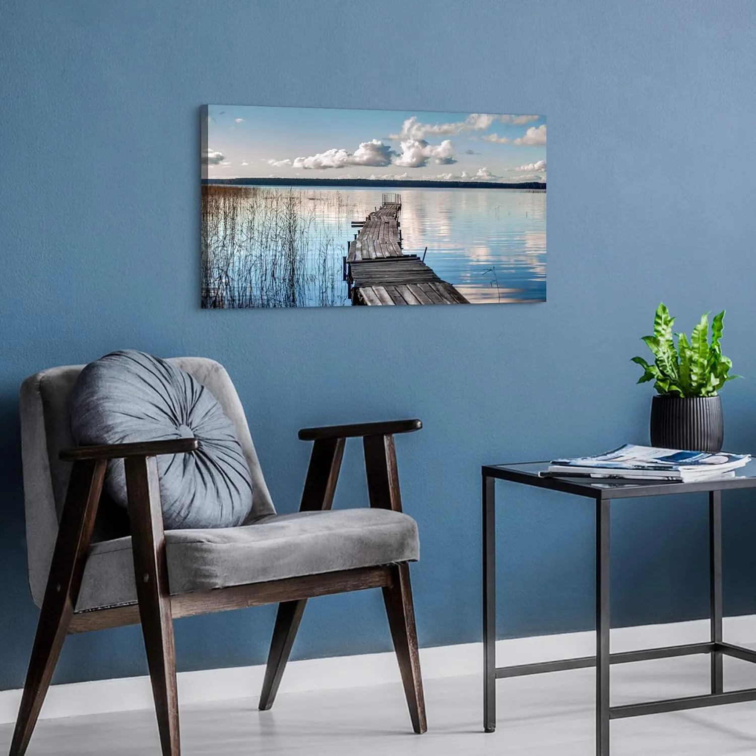 WALLSUP DECOR Lake Pier Canvas Wall Art - Nature Sense Dock Painting Landscape Pier Artwork with Straw&Cloud for Living Room Bedroom Office
