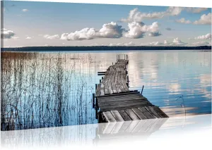 WALLSUP DECOR Lake Pier Canvas Wall Art - Nature Sense Dock Painting Landscape Pier Artwork with Straw&Cloud for Living Room Bedroom Office