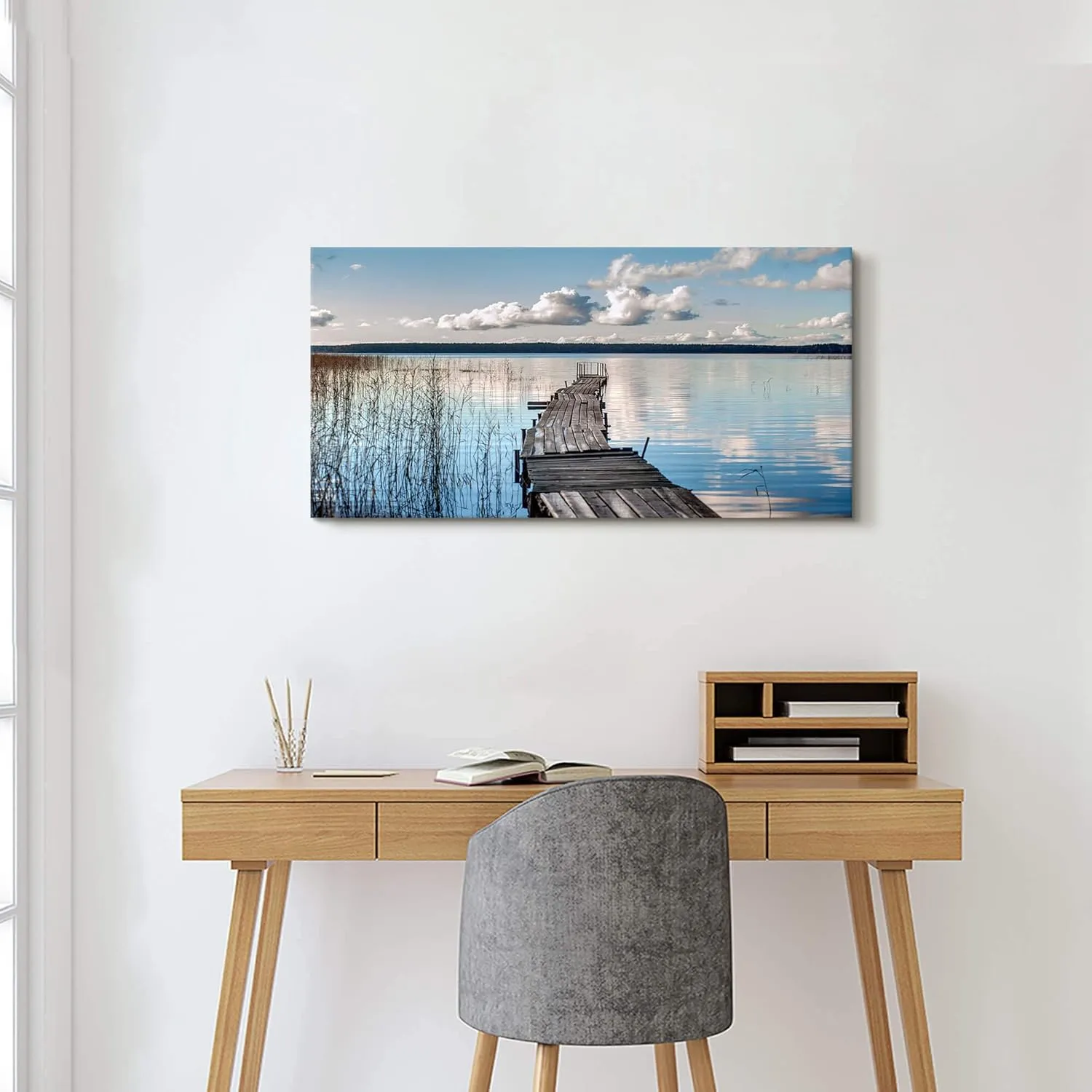 WALLSUP DECOR Lake Pier Canvas Wall Art - Nature Sense Dock Painting Landscape Pier Artwork with Straw&Cloud for Living Room Bedroom Office