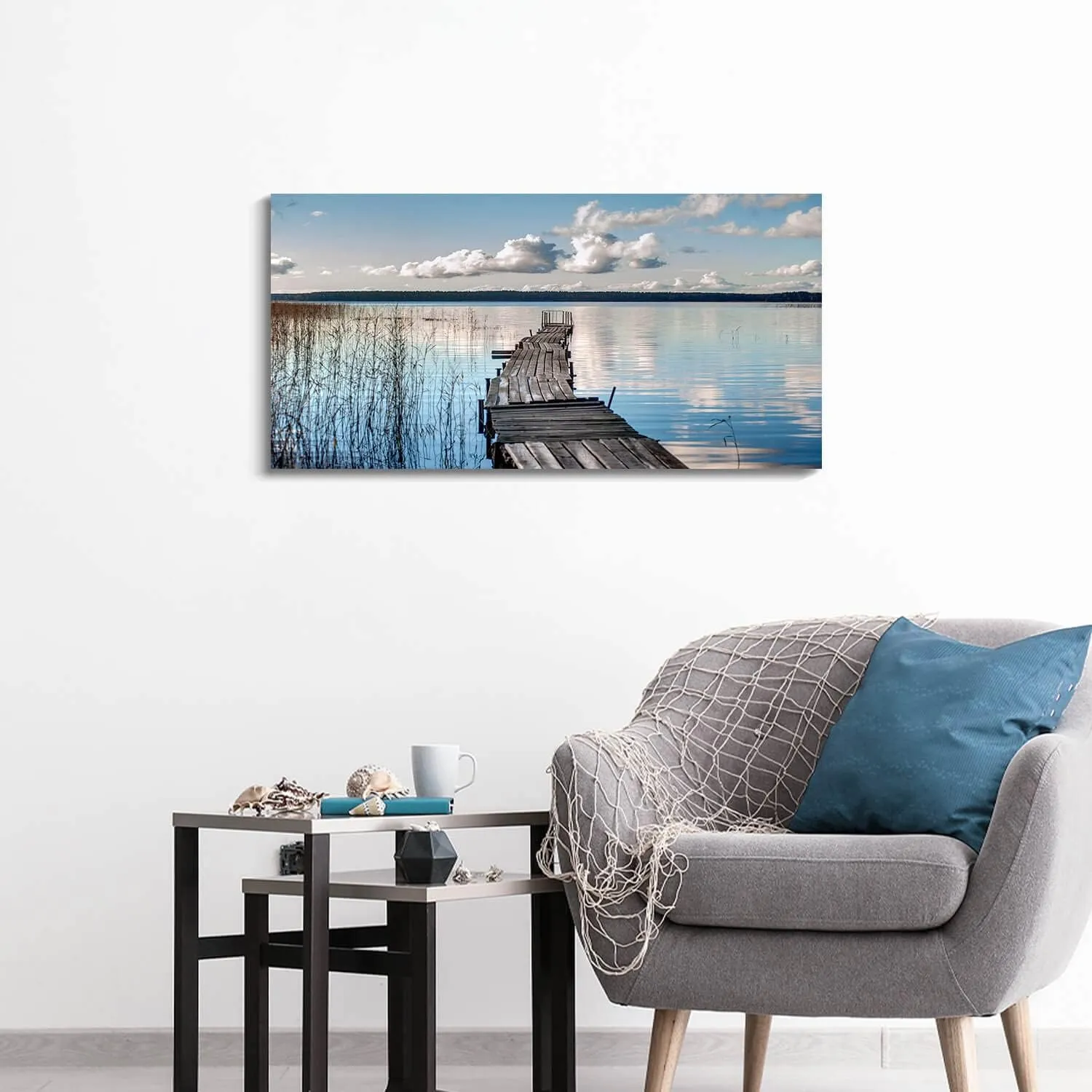 WALLSUP DECOR Lake Pier Canvas Wall Art - Nature Sense Dock Painting Landscape Pier Artwork with Straw&Cloud for Living Room Bedroom Office