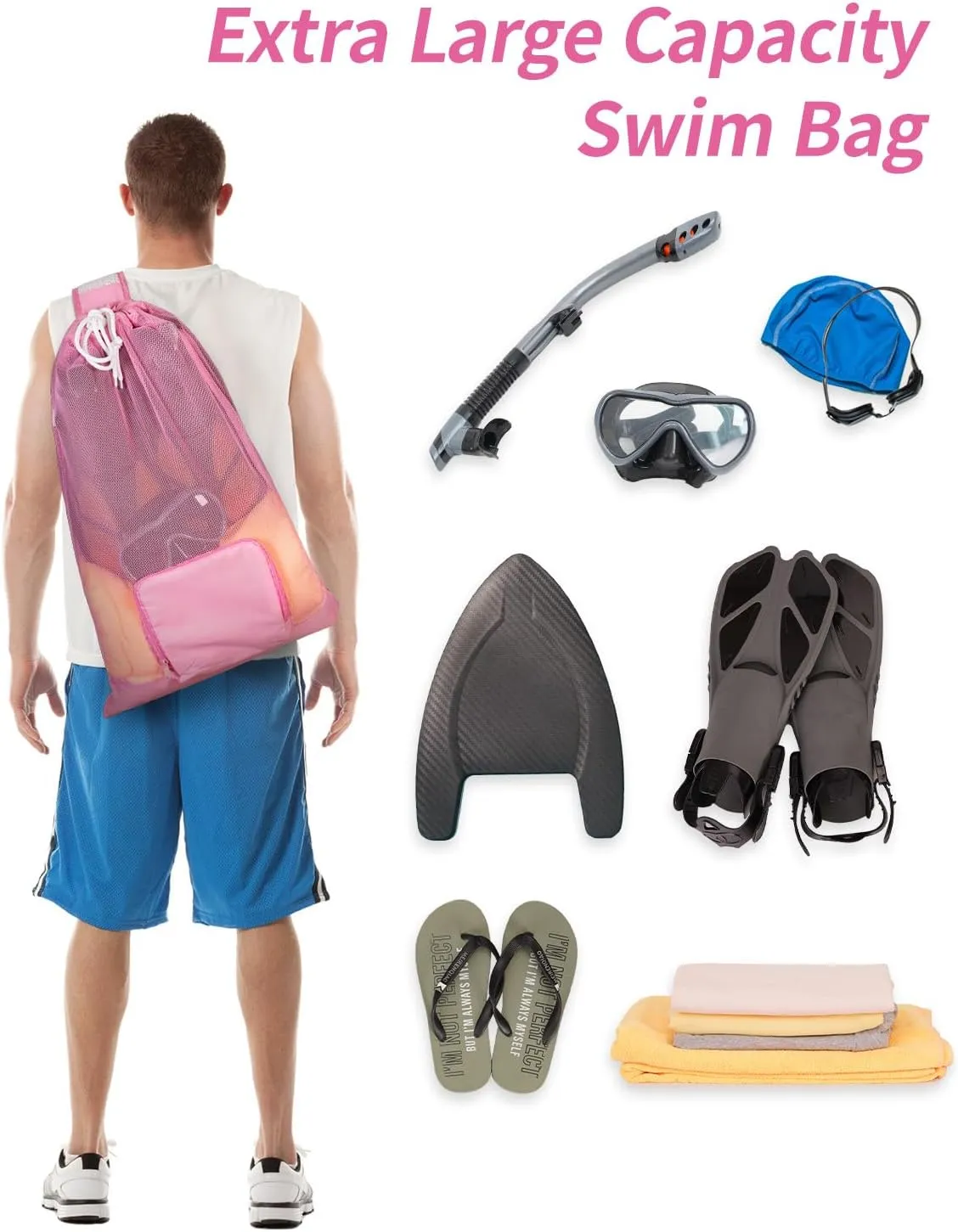 WANDF Swim Bag Foldable Mesh Drawstring Bag with Quick-dry Shoulder Strap Beach Backpack with Wet Pocket for Swimming, Gym, and Workout Gear (Pink Patent Pending)