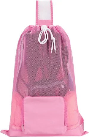 WANDF Swim Bag Foldable Mesh Drawstring Bag with Quick-dry Shoulder Strap Beach Backpack with Wet Pocket for Swimming, Gym, and Workout Gear (Pink Patent Pending)