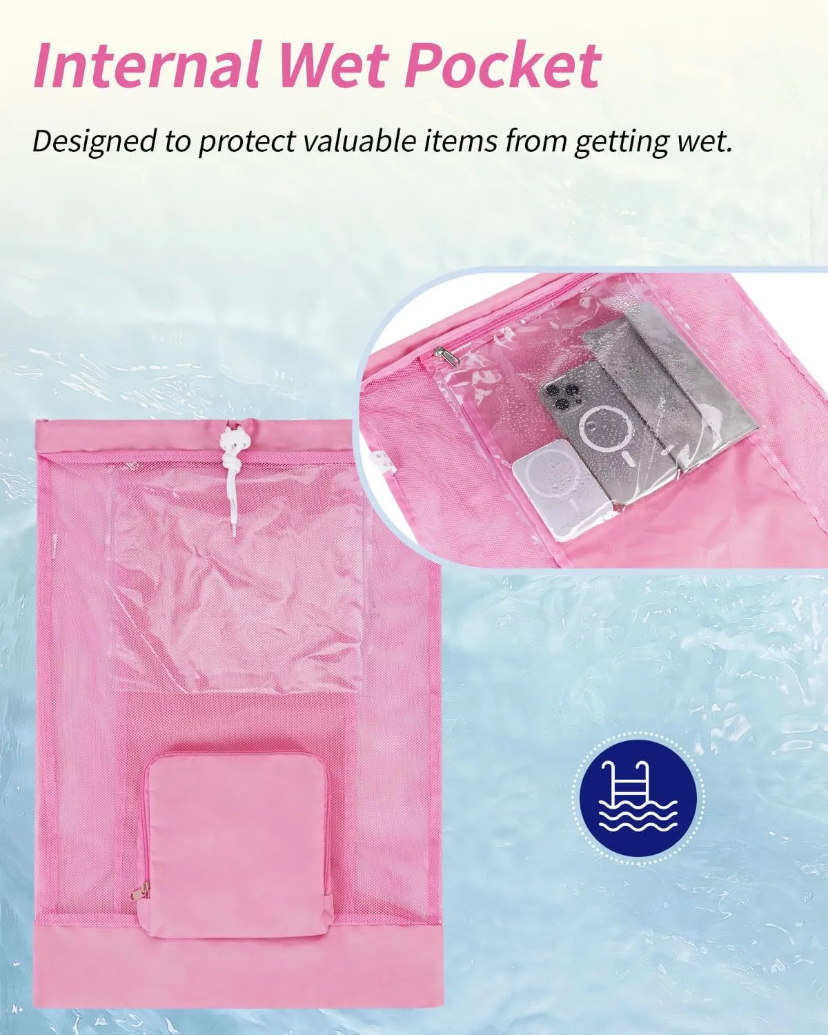 WANDF Swim Bag Foldable Mesh Drawstring Bag with Quick-dry Shoulder Strap Beach Backpack with Wet Pocket for Swimming, Gym, and Workout Gear (Pink Patent Pending)