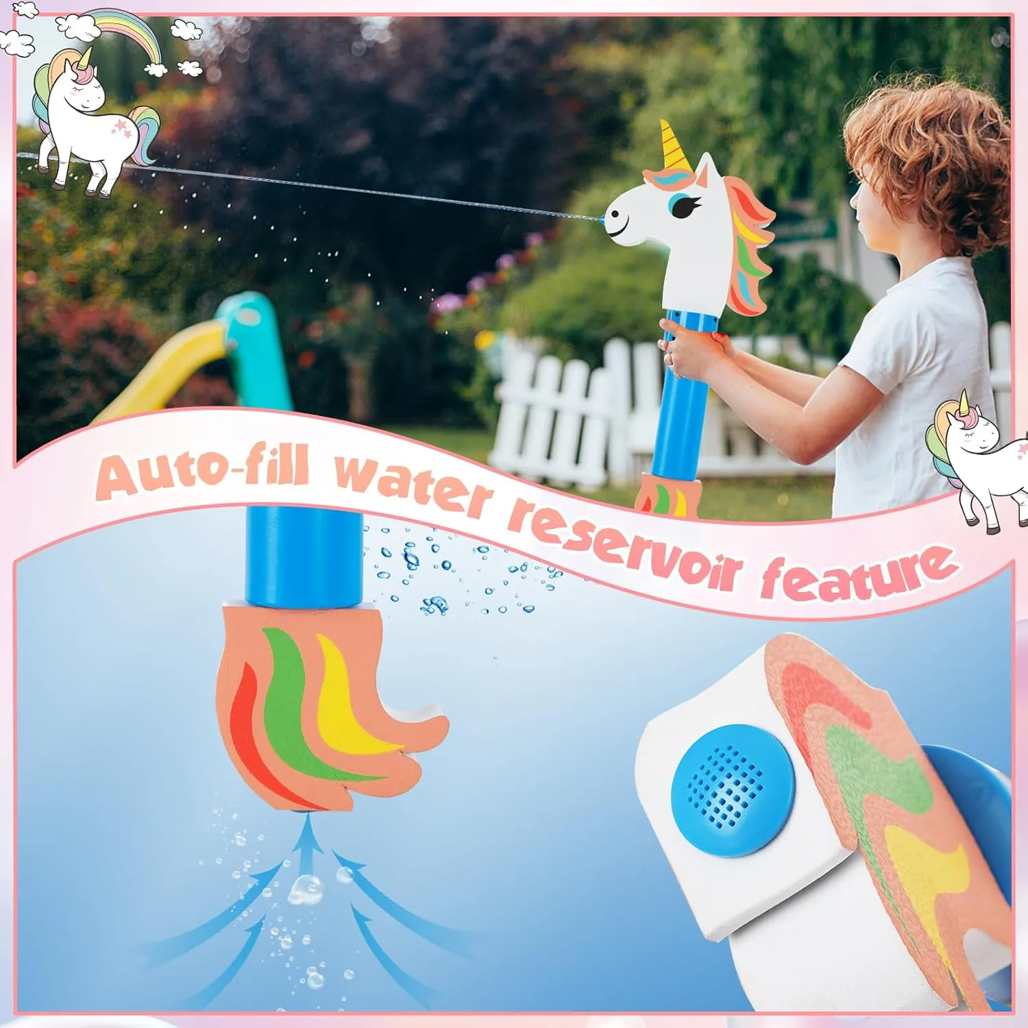Water Gun Pool Toys for Kids, Summer Outdoor Water Blaster with Auto-Refill & Float Board, 16oz Large Capacity for Swimming Beach Unicorn Design Ages 5  Boys Girls
