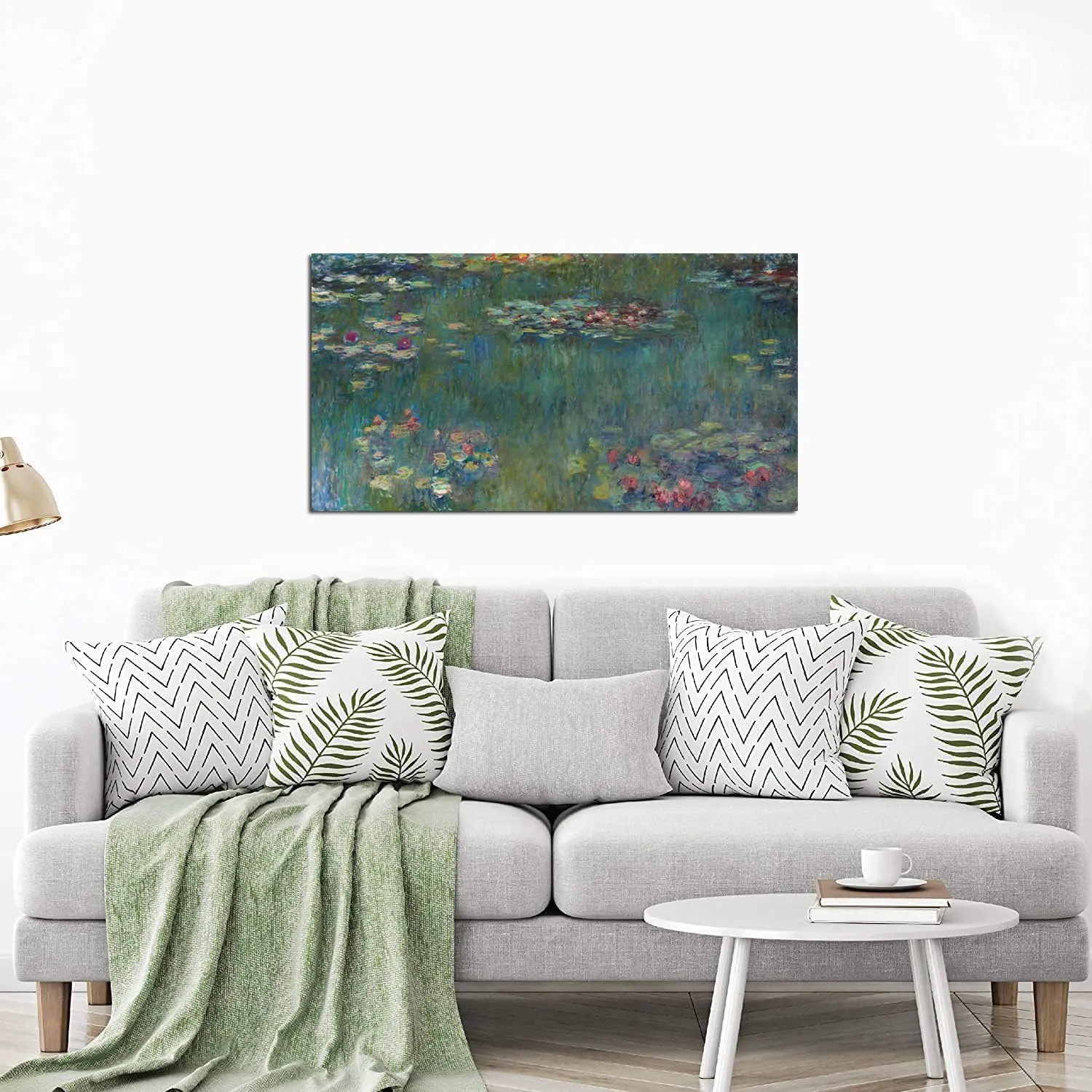 Water Lilies by Claude Monet Canvas Wall Art Painting Print- Long Green Garden Canvas Artwork Classic Reproductions Contemporary Nature Picture Framed - 20"x40"
