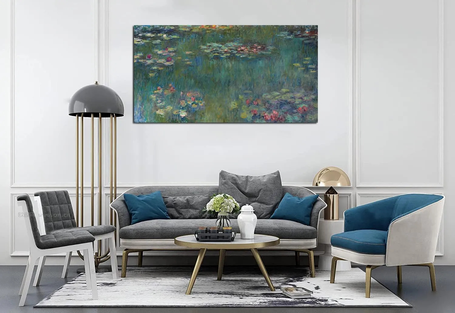 Water Lilies by Claude Monet Canvas Wall Art Painting Print- Long Green Garden Canvas Artwork Classic Reproductions Contemporary Nature Picture Framed - 20"x40"