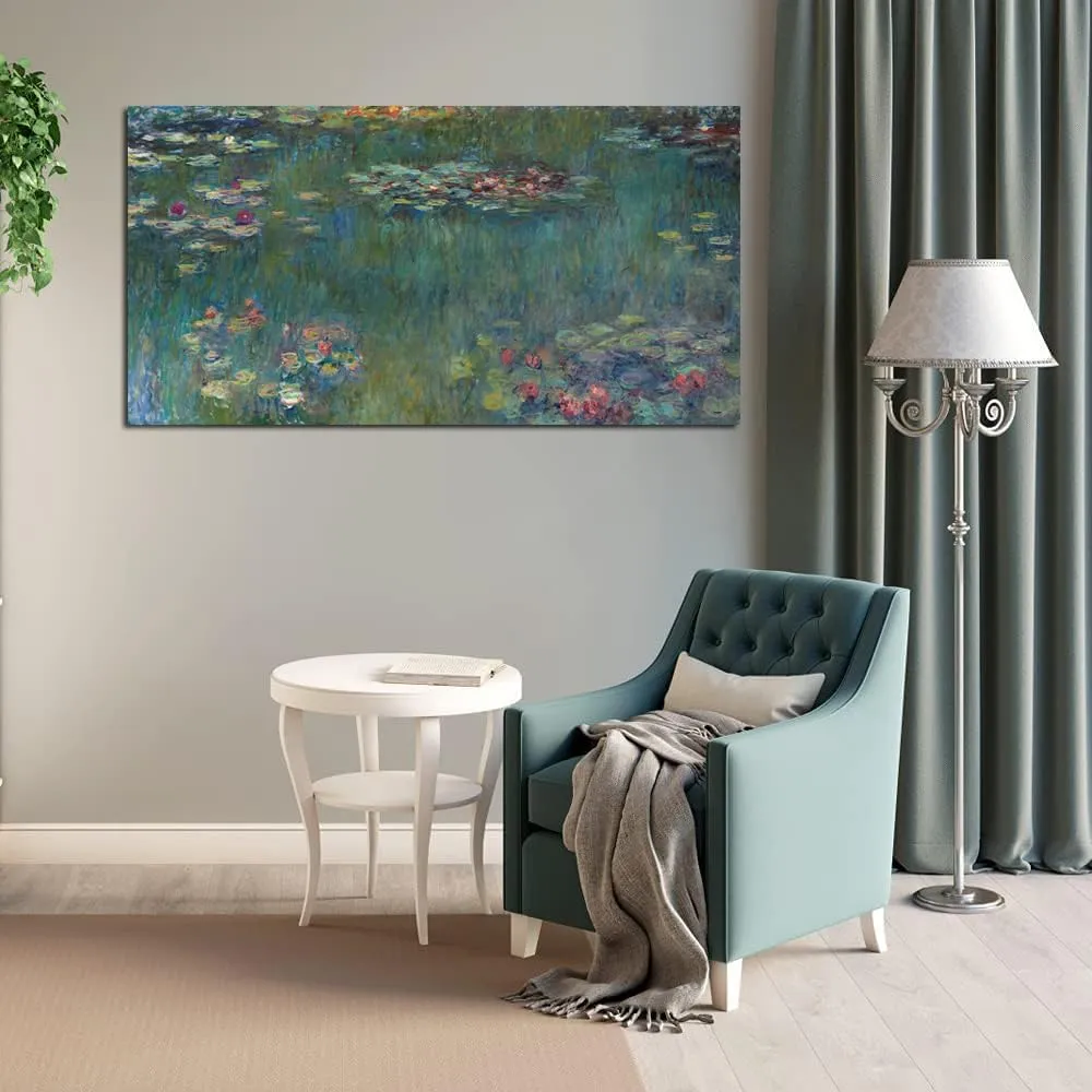 Water Lilies by Claude Monet Canvas Wall Art Painting Print- Long Green Garden Canvas Artwork Classic Reproductions Contemporary Nature Picture Framed - 20"x40"