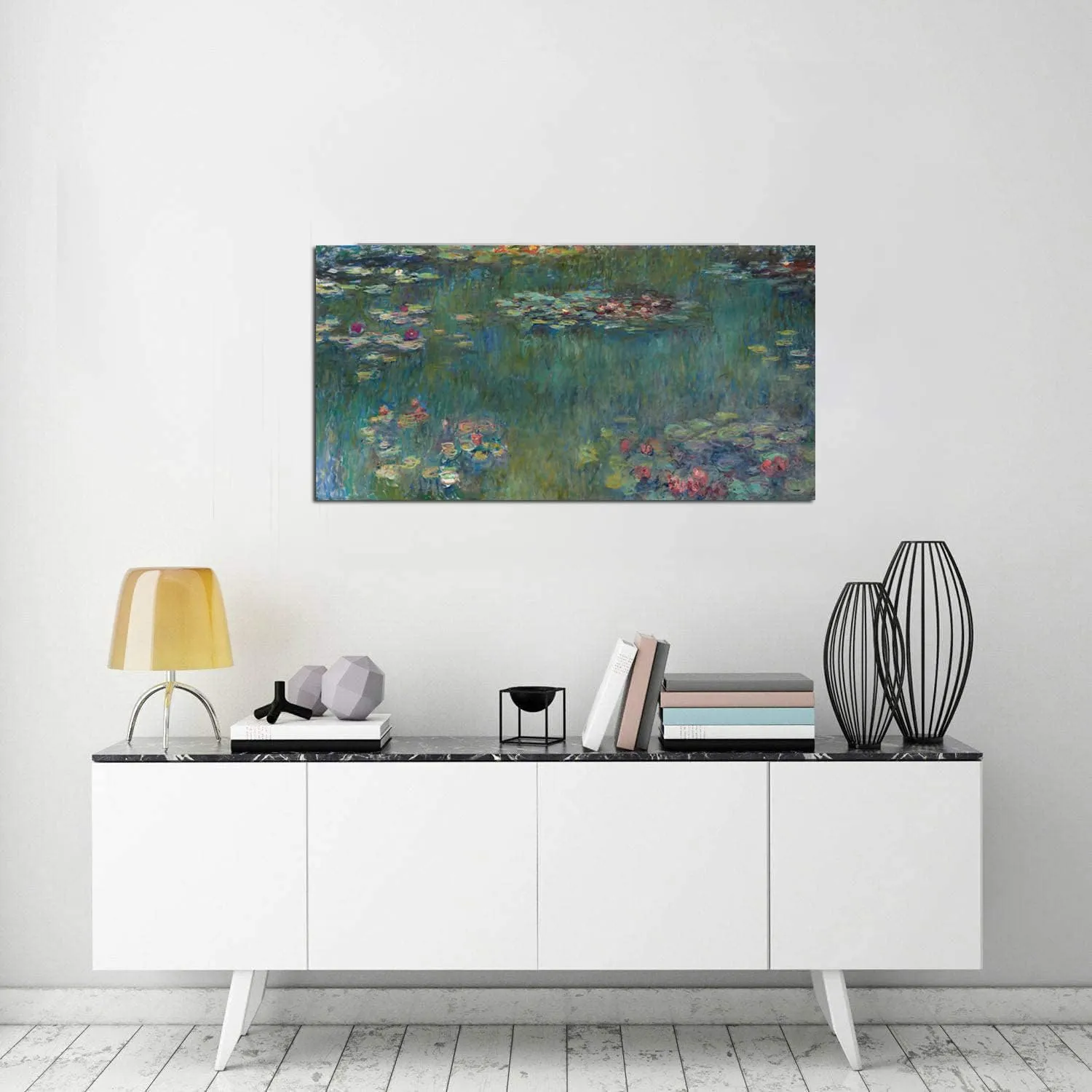 Water Lilies by Claude Monet Canvas Wall Art Painting Print- Long Green Garden Canvas Artwork Classic Reproductions Contemporary Nature Picture Framed - 20"x40"