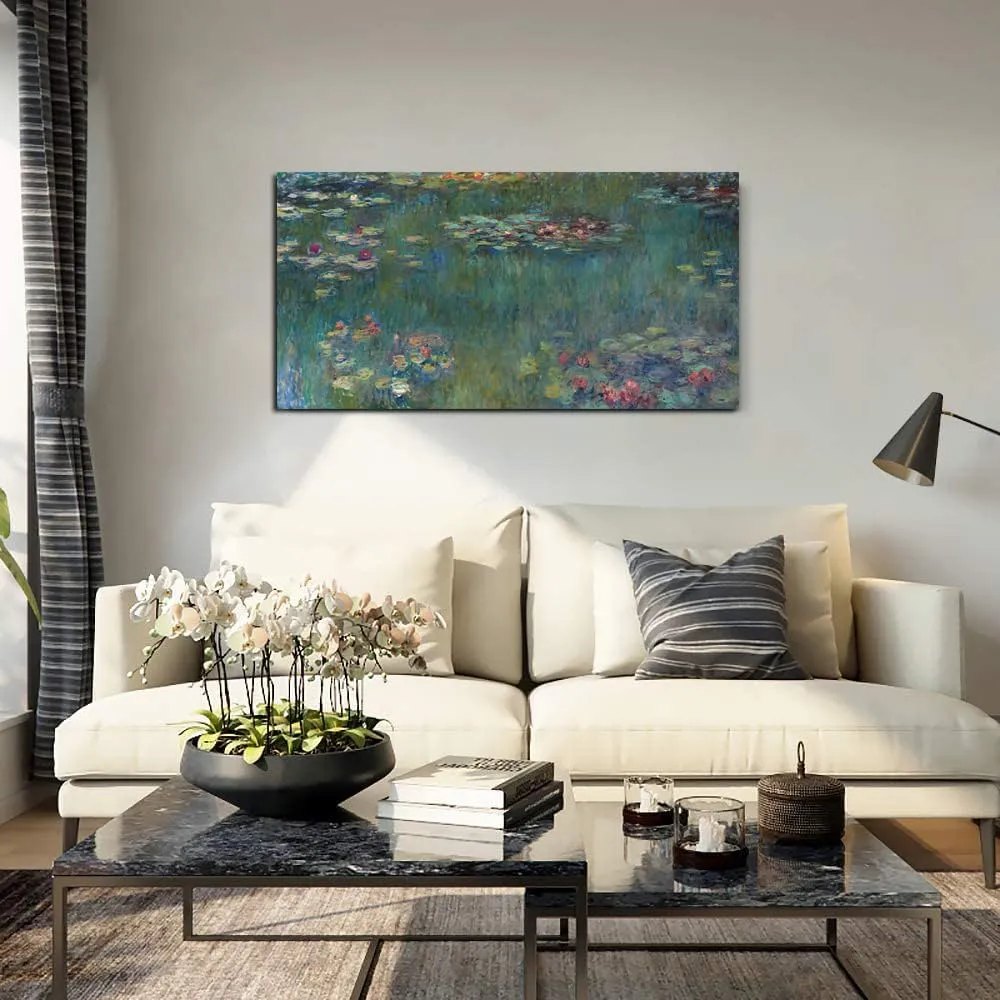 Water Lilies by Claude Monet Canvas Wall Art Painting Print- Long Green Garden Canvas Artwork Classic Reproductions Contemporary Nature Picture Framed - 20"x40"