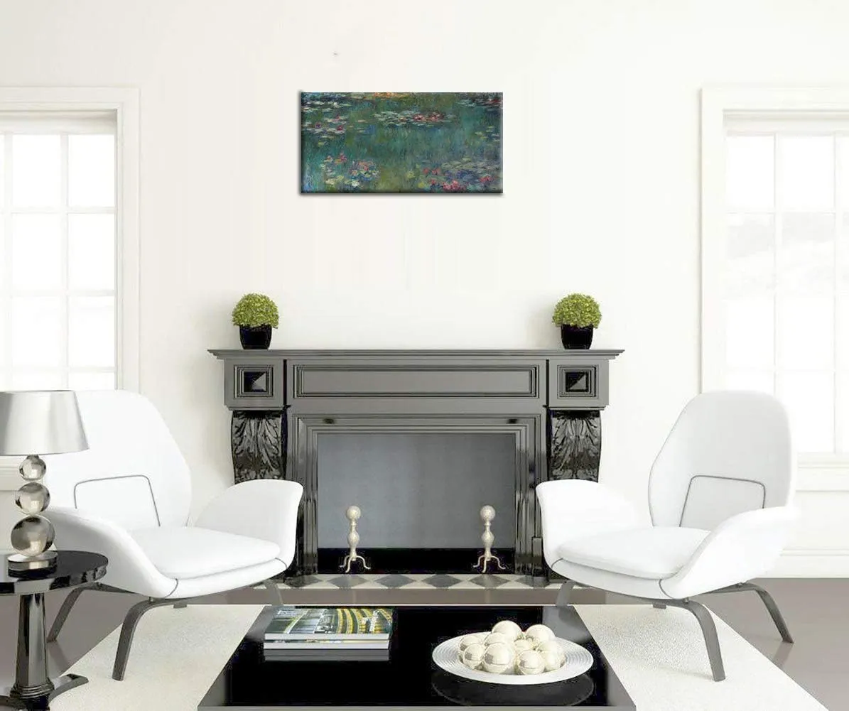 Water Lilies by Claude Monet Canvas Wall Art Painting Print- Long Green Garden Canvas Artwork Classic Reproductions Contemporary Nature Picture Framed - 20"x40"