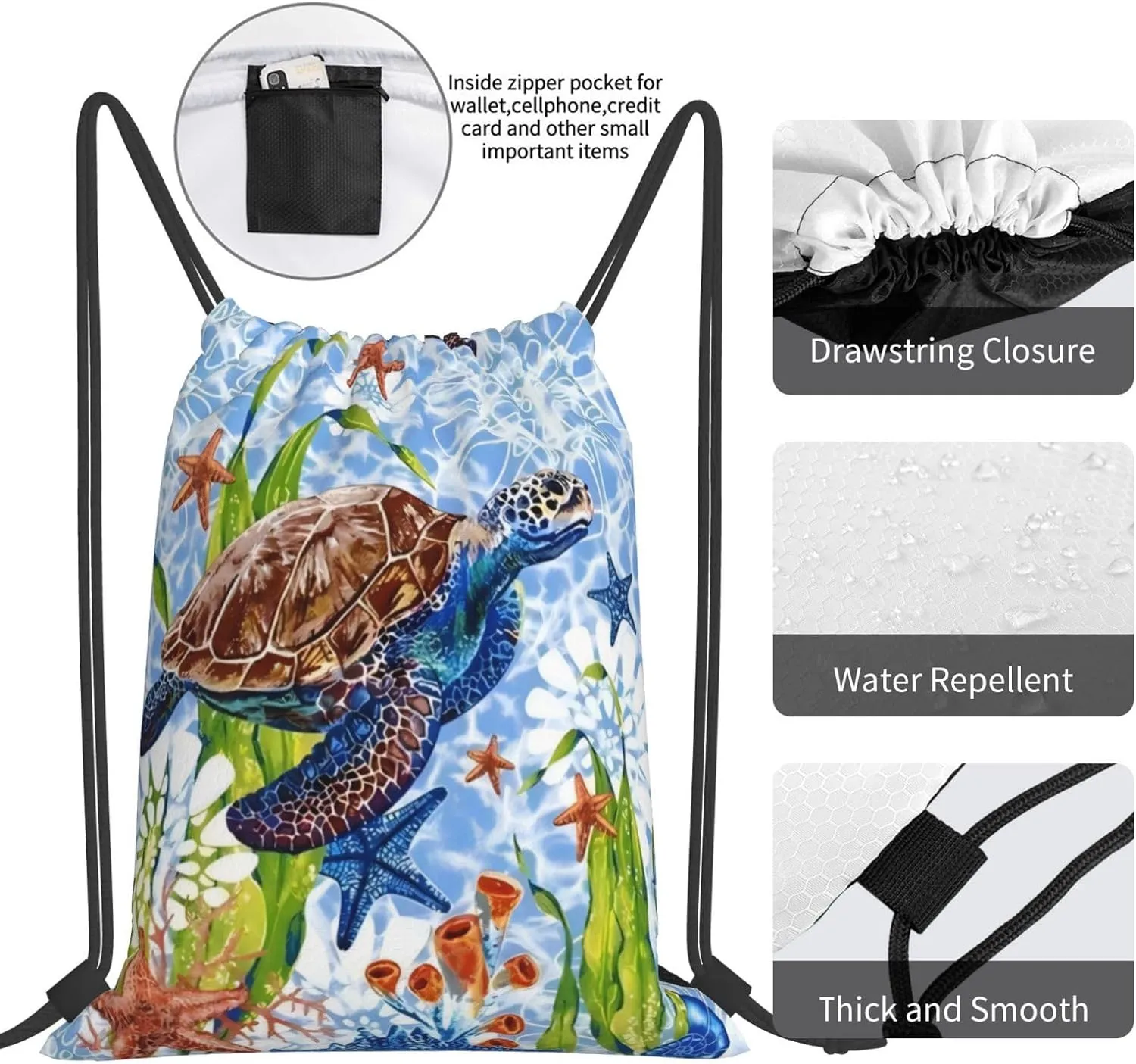 Watercolor turtle starfish Drawstring Backpack Waterproof Sports String Bag Adjustable Lightweight Gym Dance Sackpack for Women Men Boys Girls