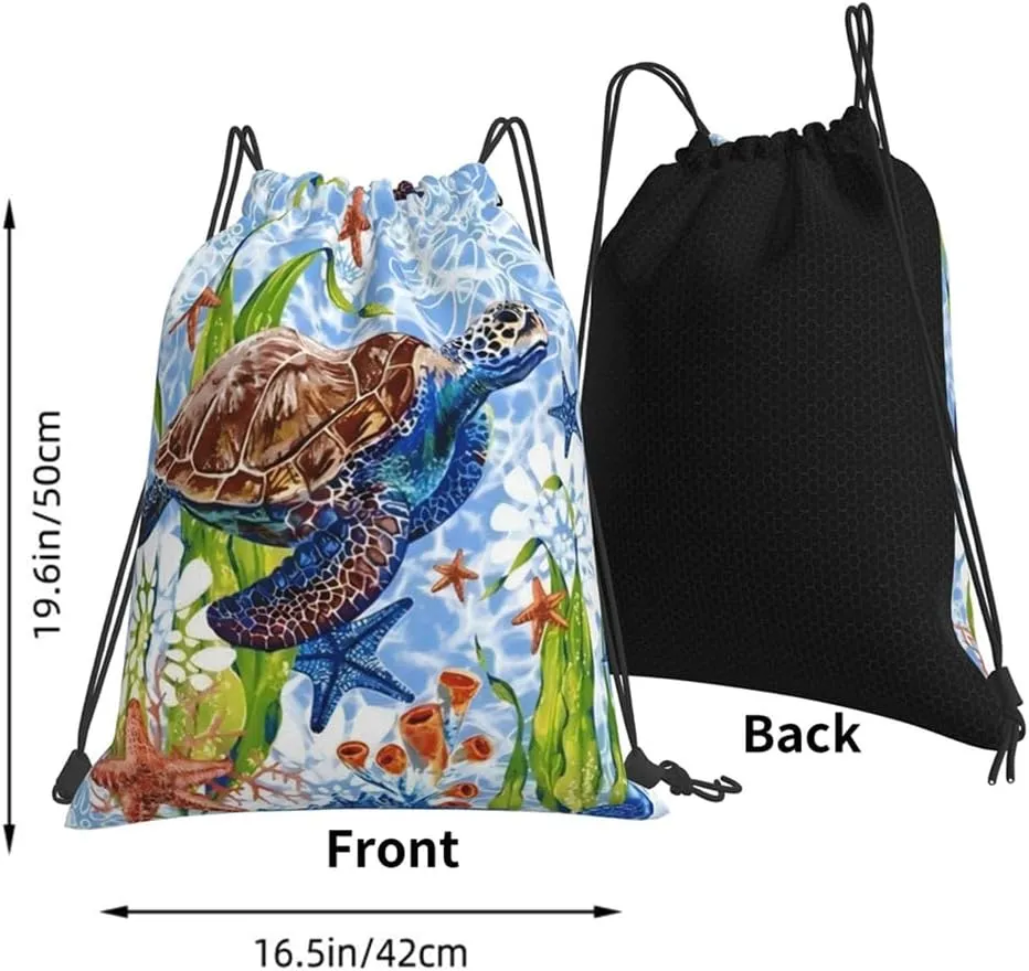 Watercolor turtle starfish Drawstring Backpack Waterproof Sports String Bag Adjustable Lightweight Gym Dance Sackpack for Women Men Boys Girls