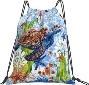 Watercolor turtle starfish Drawstring Backpack Waterproof Sports String Bag Adjustable Lightweight Gym Dance Sackpack for Women Men Boys Girls
