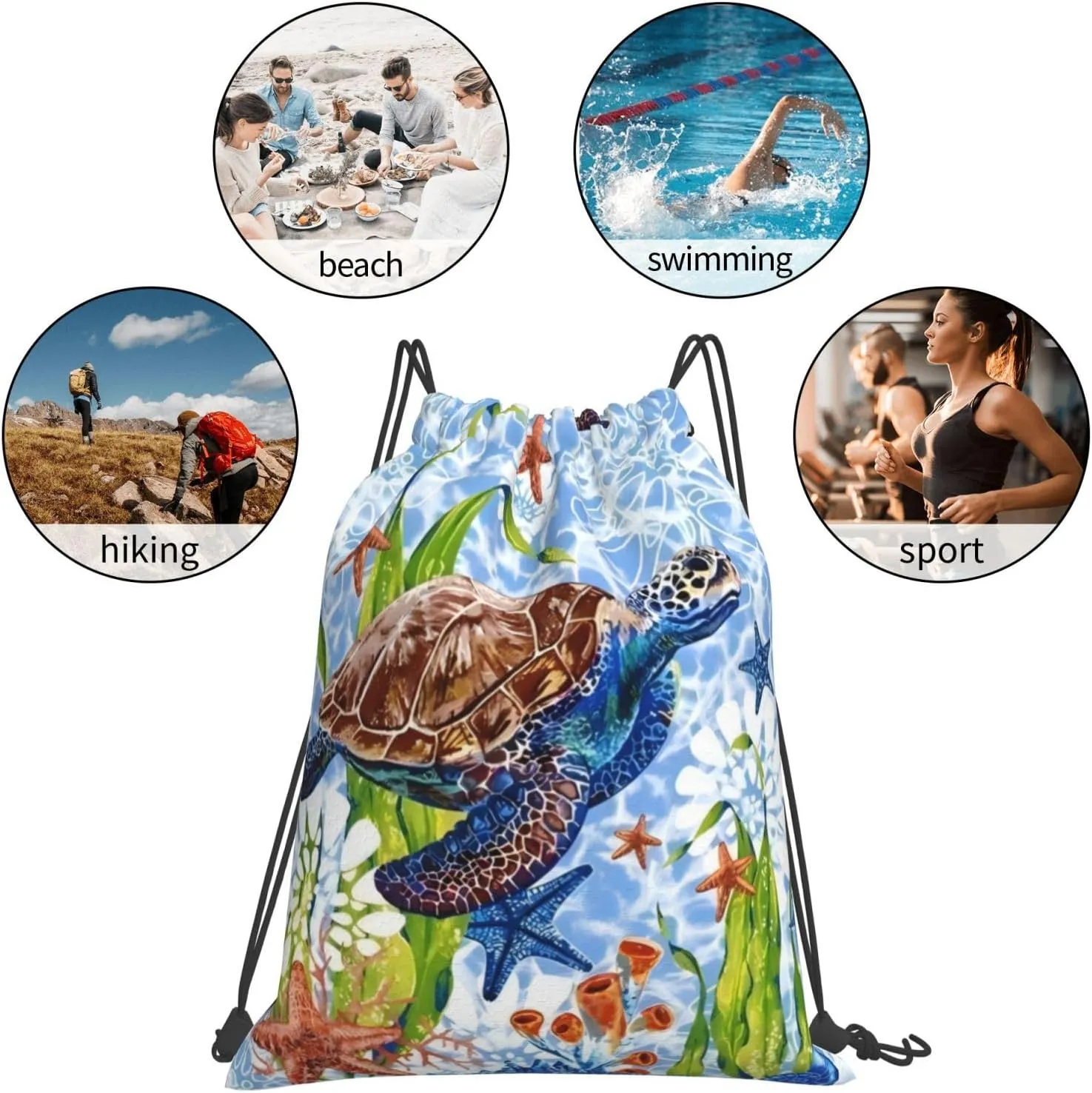 Watercolor turtle starfish Drawstring Backpack Waterproof Sports String Bag Adjustable Lightweight Gym Dance Sackpack for Women Men Boys Girls