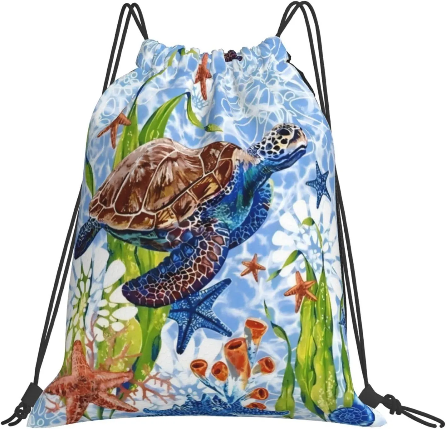 Watercolor turtle starfish Drawstring Backpack Waterproof Sports String Bag Adjustable Lightweight Gym Dance Sackpack for Women Men Boys Girls