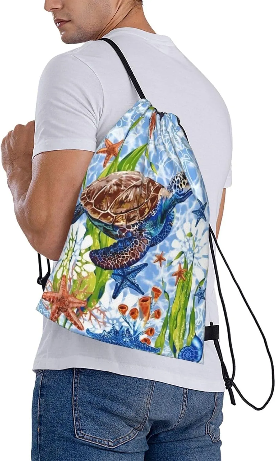Watercolor turtle starfish Drawstring Backpack Waterproof Sports String Bag Adjustable Lightweight Gym Dance Sackpack for Women Men Boys Girls