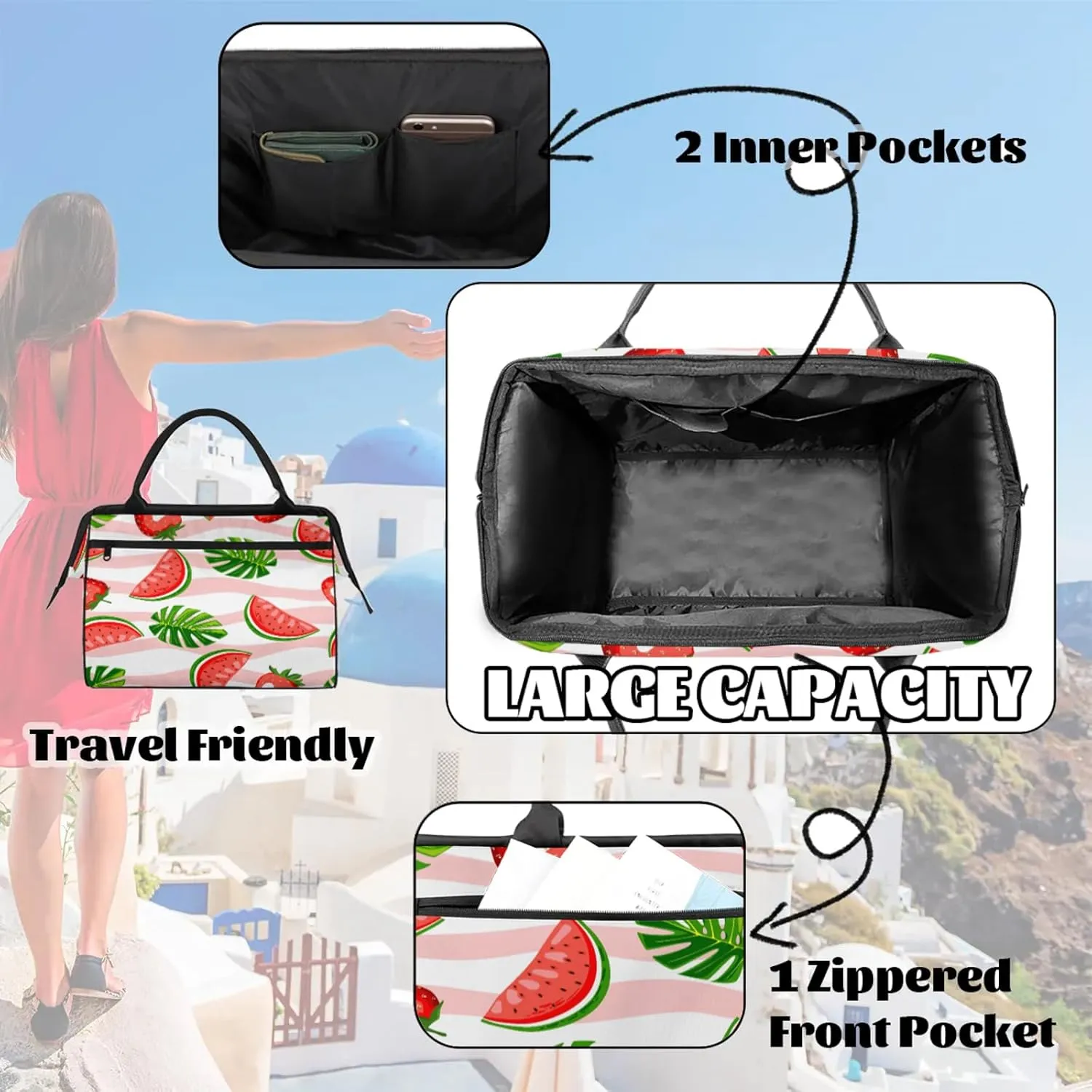 Watercolor Watermelon Leaf Travel Duffel Bag Gym Tote Bag for Women Men Waterproof Weekend Overnight Bag Carry On Tote Luggage with Pocket Personal Item Bags Sports Bag fit Travel Sports Gym Yoga