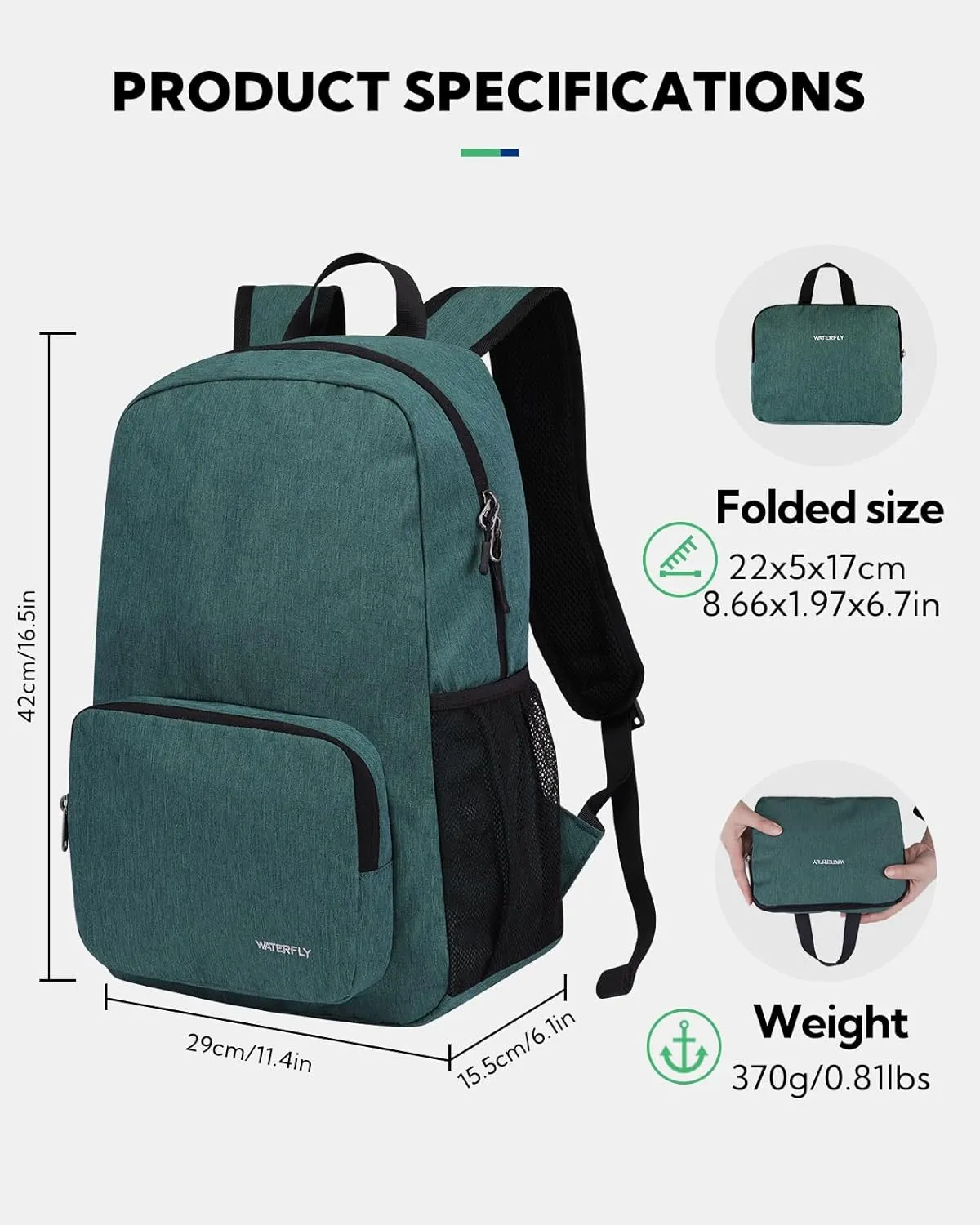 WATERFLY Lightweight Packable Hiking Backpack: 20L Small Foldable Travel Bag Resistant Backpacks for Women Men Camping Vacation Beach Park Outdoor Sports Daypack