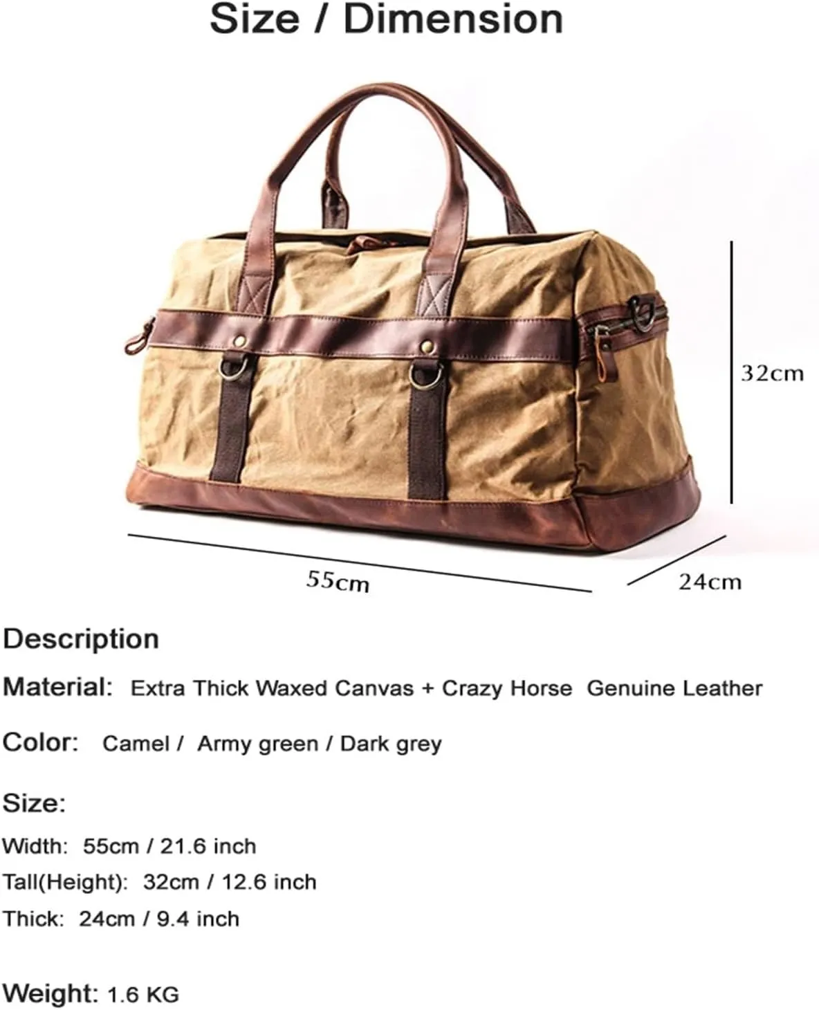 WaterProof Canvas Leather Men Travel Bag Hand Luggage Bag Carry On Large Tote Vintage Men Weekend Bag Big Overnight Suitable For Traveling, Business Trip, Outdoor(Khaki)