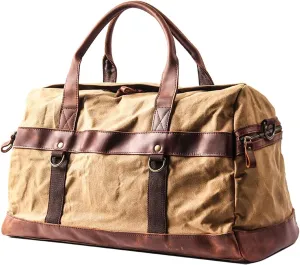 WaterProof Canvas Leather Men Travel Bag Hand Luggage Bag Carry On Large Tote Vintage Men Weekend Bag Big Overnight Suitable For Traveling, Business Trip, Outdoor(Khaki)