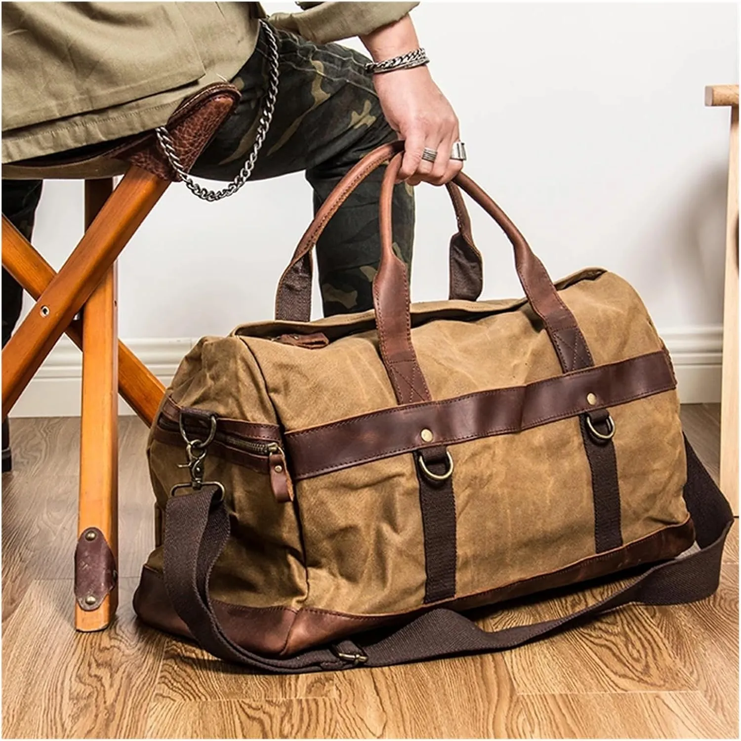 WaterProof Canvas Leather Men Travel Bag Hand Luggage Bag Carry On Large Tote Vintage Men Weekend Bag Big Overnight Suitable For Traveling, Business Trip, Outdoor(Khaki)