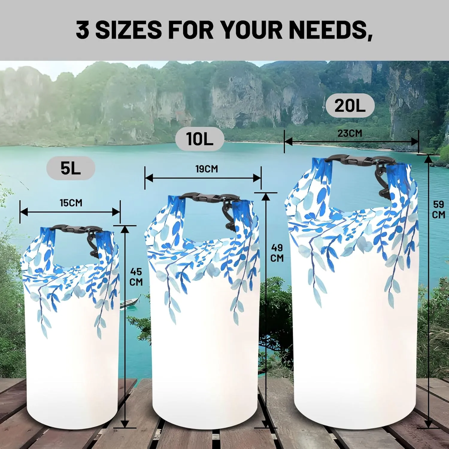 Waterproof Dry Bag,Roll Top Blue Eucalyptus Waterproof Backpack 5L/10L/20L Floating and Lightweight Bags for Kayaking, Boating, Fishing, Swimming and Camping