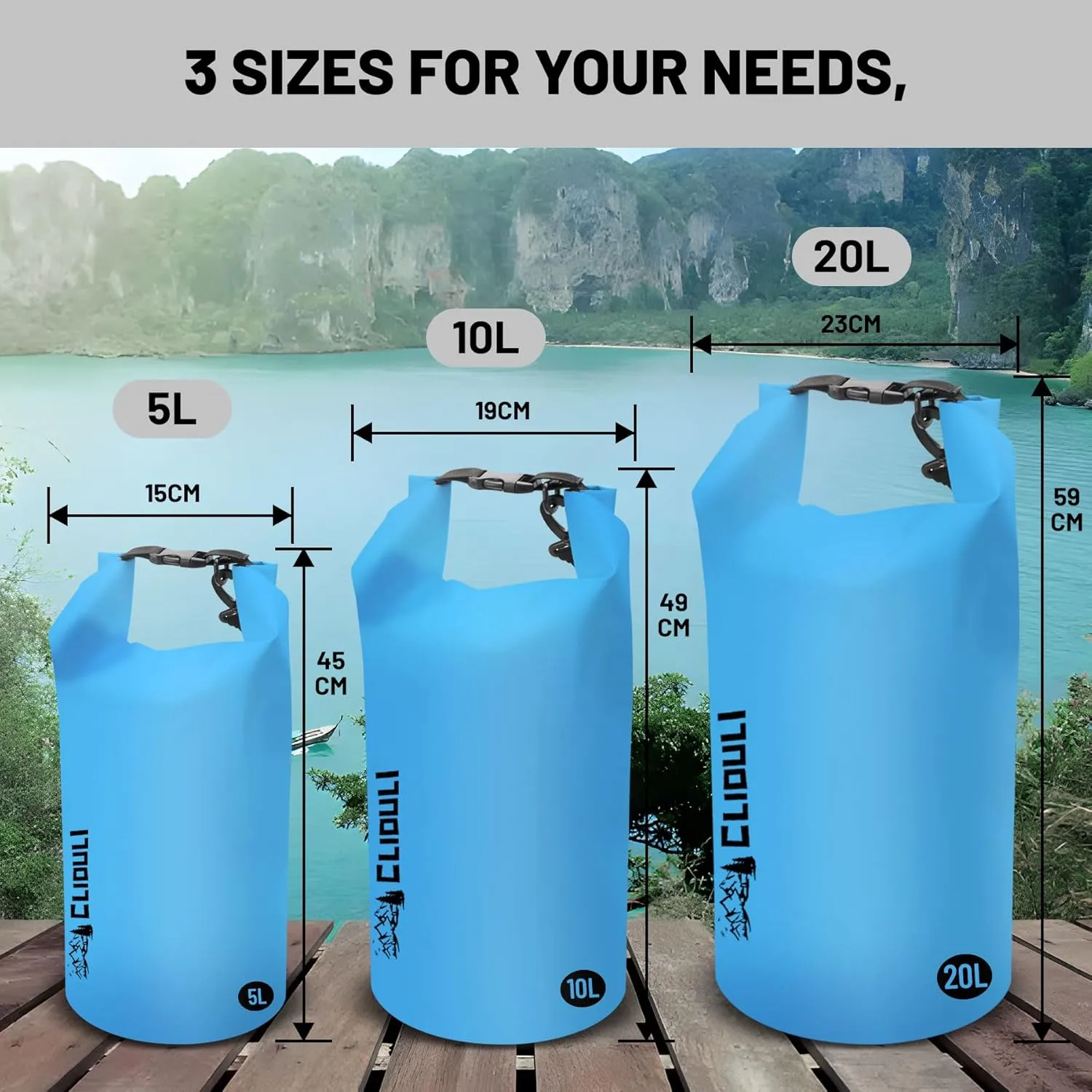 Waterproof Dry Bag,Roll Top Blue Large Waterproof Backpack 2L/5L/10L/20L/30L/40L Floating Lightweight Bags for Kayaking, Boating, Fishing, Swimming Camping with Waterproof Phone Case