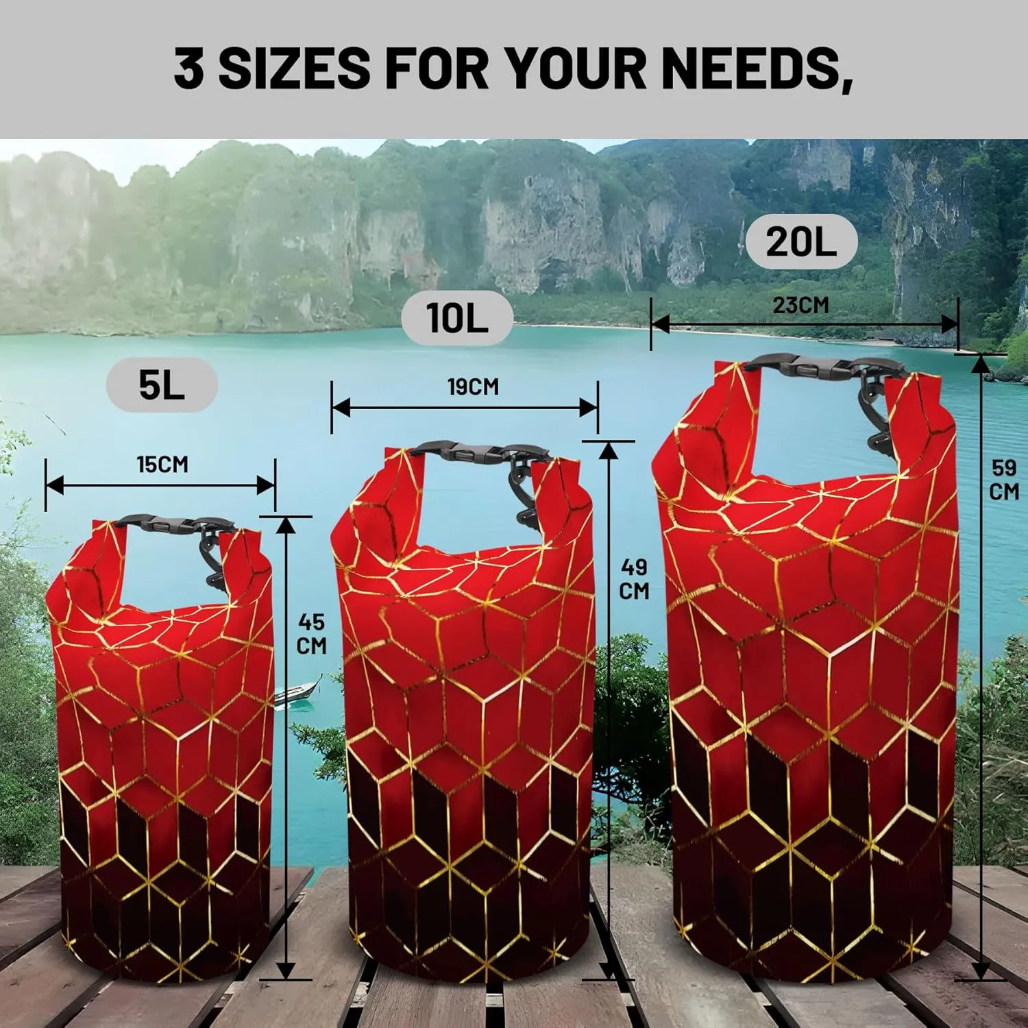 Waterproof Dry Bag,Roll Top Geometric Ombre Waterproof Backpack 5L/10L/20L Floating and Lightweight Bags for Kayaking, Boating, Fishing, Swimming and Camping