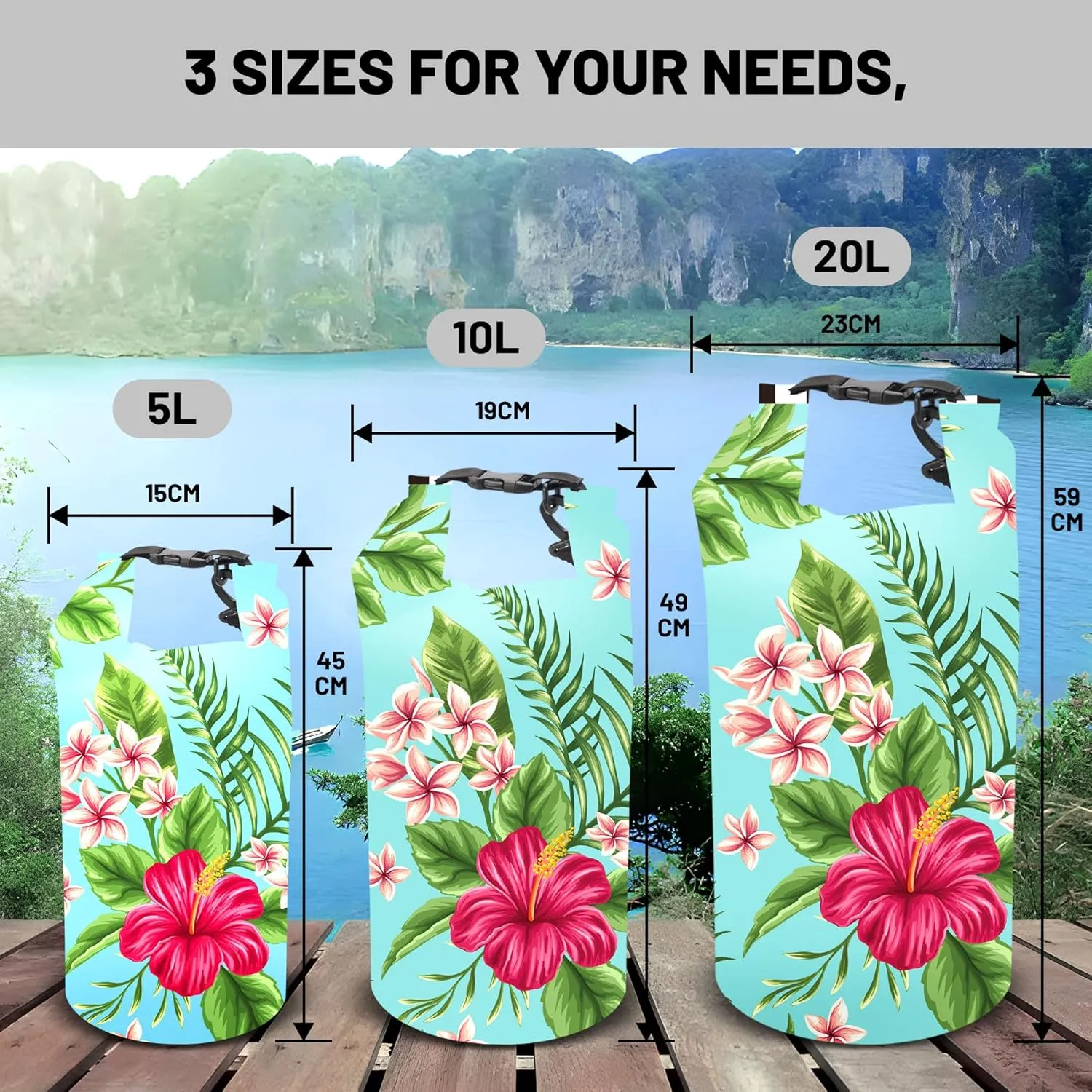 Waterproof Dry Bag,Roll Top Tropical Summer Watercolor Hibiscus Waterproof Backpack 5L/10L/20L Floating and Lightweight Bags for Kayaking, Boating, Swimming and Camping with Waterproof Phone Case