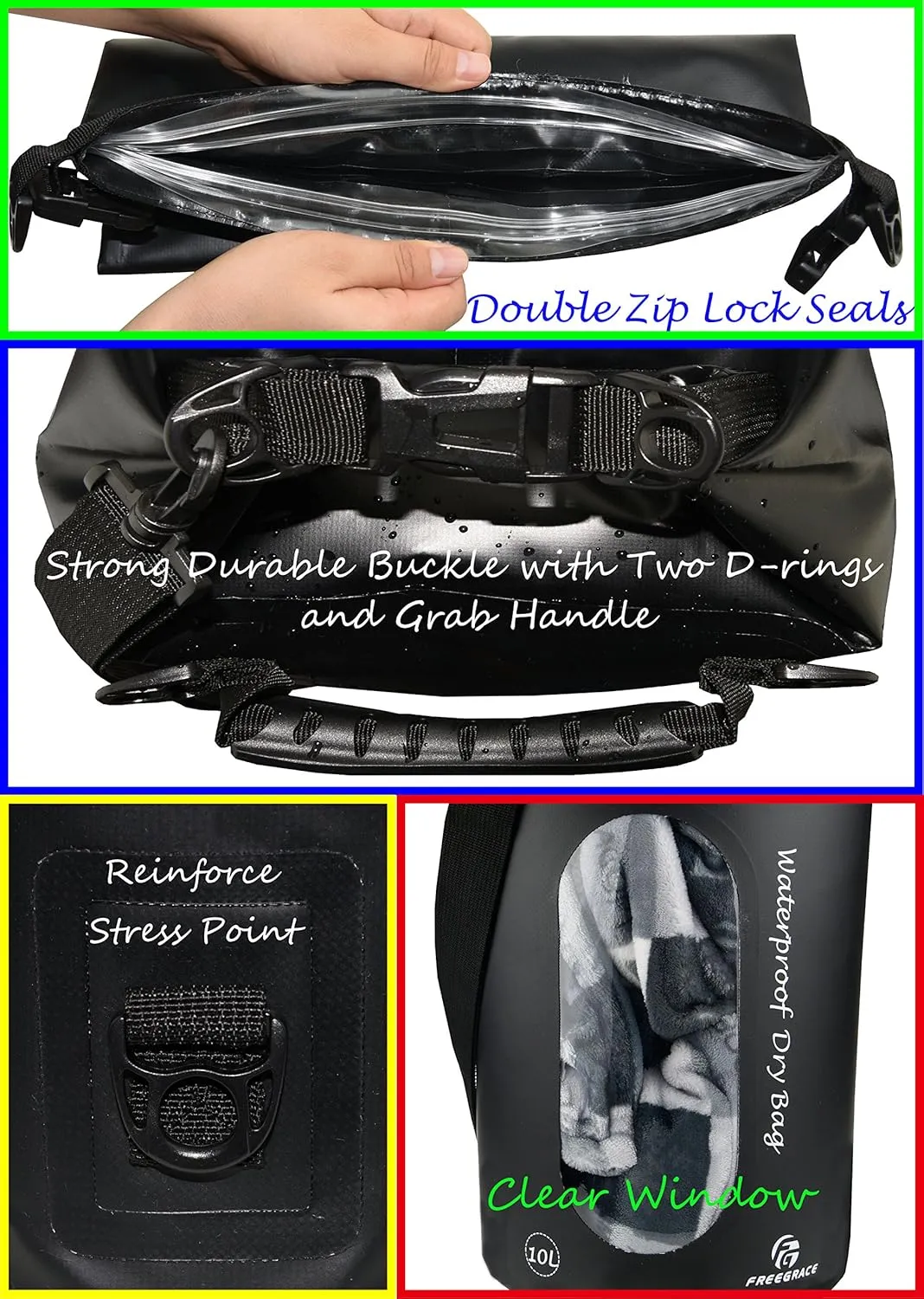Waterproof Dry Bags Set of 3 Dry Bag with 2 Zip Lock Seals & Detachable Shoulder Strap, Waist Pouch & Phone Case - Can Be Submerged Into Water - for Swimming (Black(Window), 20L)