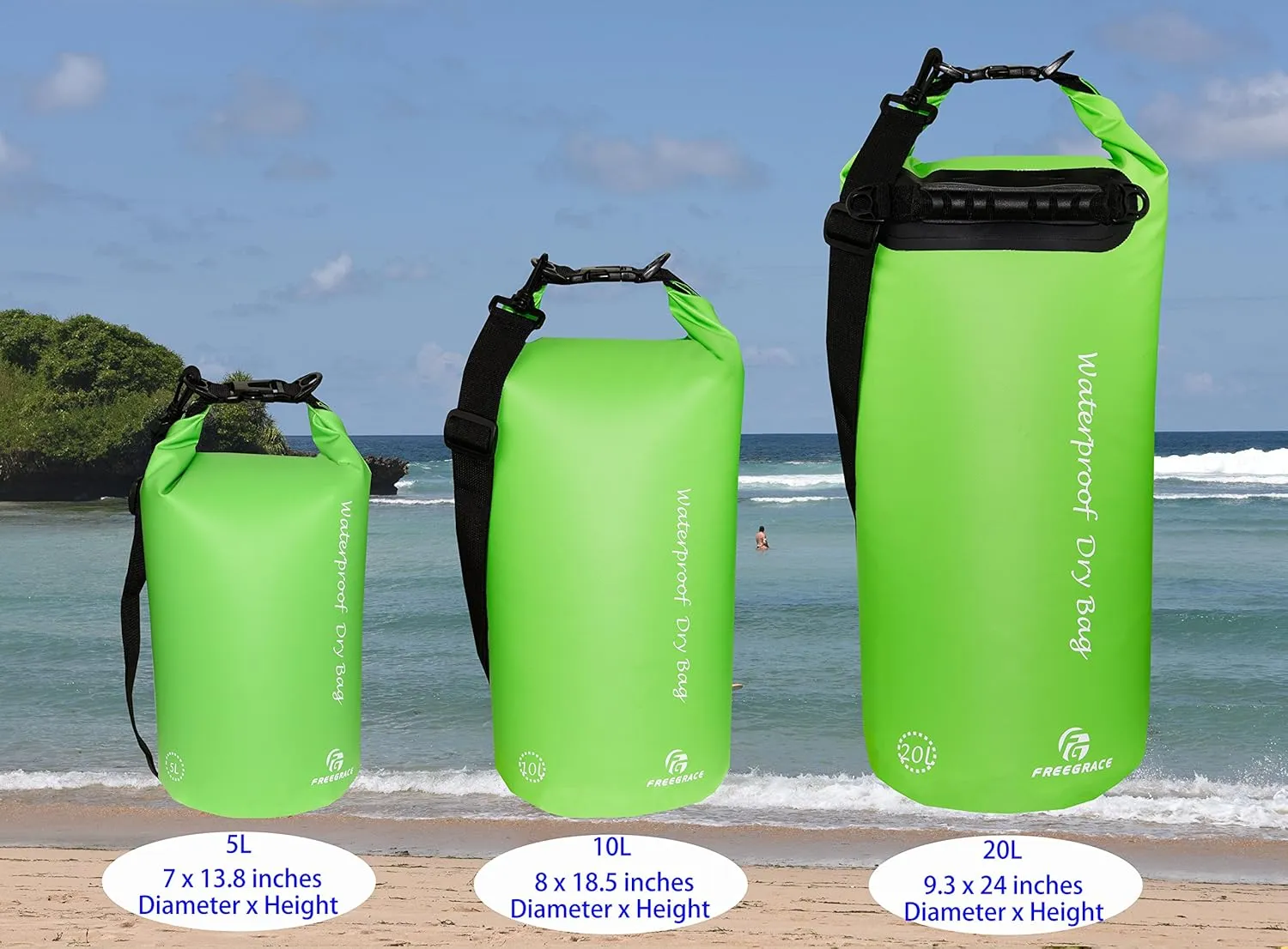 Waterproof Dry Bags Set of 3 Dry Bag with 2 Zip Lock Seals & Detachable Shoulder Strap, Waist Pouch & Phone Case - Can Be Submerged Into Water - for Swimming (Green, 10L)