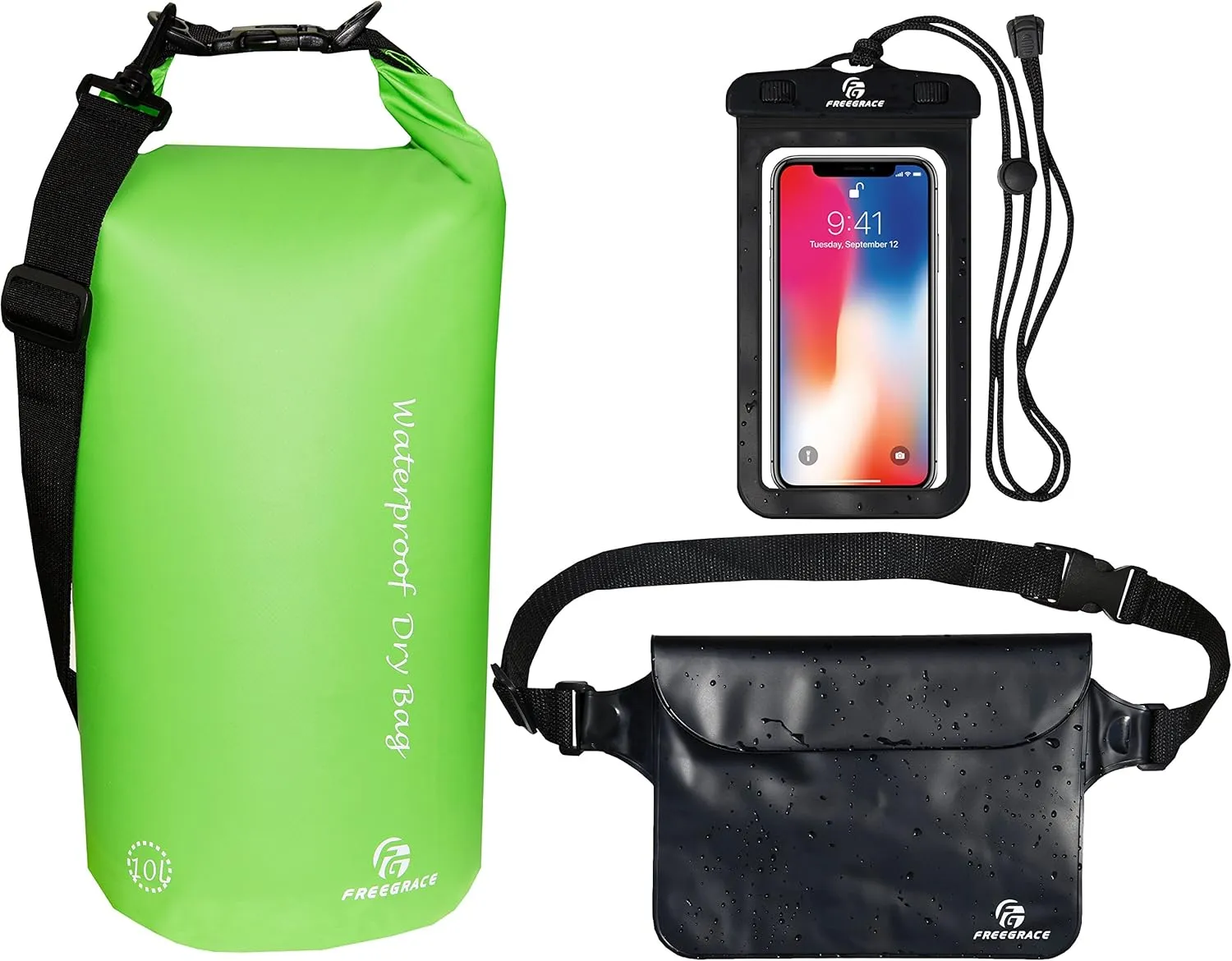 Waterproof Dry Bags Set of 3 Dry Bag with 2 Zip Lock Seals & Detachable Shoulder Strap, Waist Pouch & Phone Case - Can Be Submerged Into Water - for Swimming (Green, 10L)