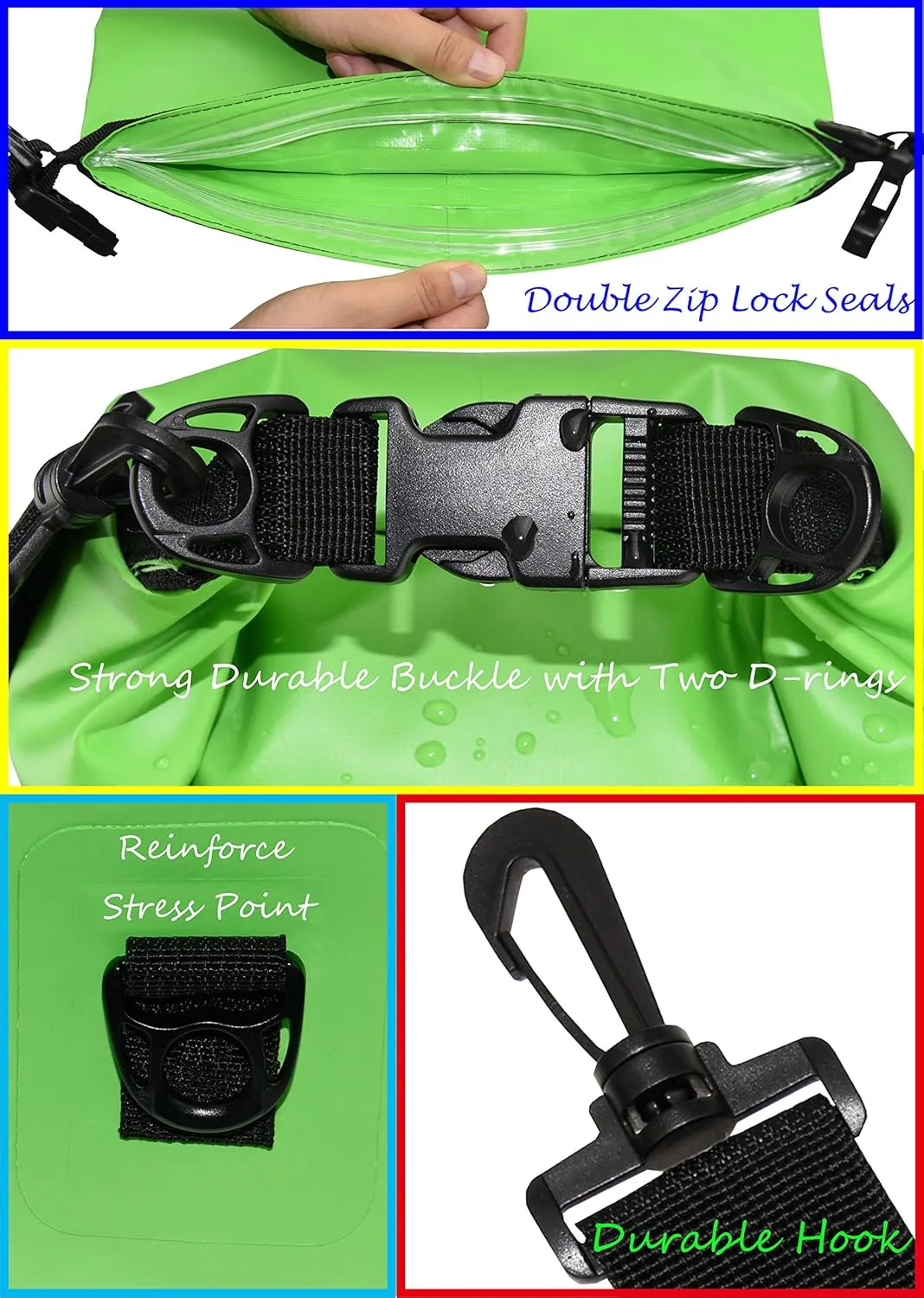 Waterproof Dry Bags Set of 3 Dry Bag with 2 Zip Lock Seals & Detachable Shoulder Strap, Waist Pouch & Phone Case - Can Be Submerged Into Water - for Swimming (Green, 10L)