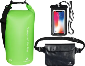 Waterproof Dry Bags Set of 3 Dry Bag with 2 Zip Lock Seals & Detachable Shoulder Strap, Waist Pouch & Phone Case - Can Be Submerged Into Water - for Swimming (Green, 10L)