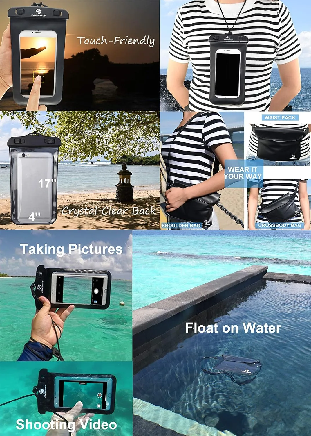 Waterproof Dry Bags Set of 3 Dry Bag with 2 Zip Lock Seals & Detachable Shoulder Strap, Waist Pouch & Phone Case - Can Be Submerged Into Water - for Swimming (Navy Blue, 5L)