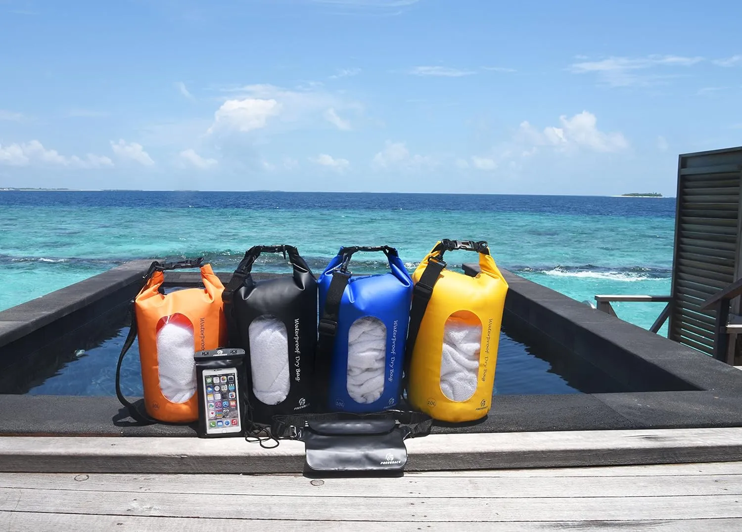 Waterproof Dry Bags Set of 3 Dry Bag with 2 Zip Lock Seals & Detachable Shoulder Strap, Waist Pouch & Phone Case - Can Be Submerged Into Water - for Swimming (Orange(Window), 5L)