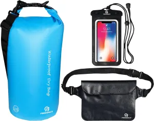 Waterproof Dry Bags Set of 3 Dry Bag with 2 Zip Lock Seals & Detachable Shoulder Strap, Waist Pouch & Phone Case - Can Be Submerged Into Water - for Swimming (Sky Blue, 5L)