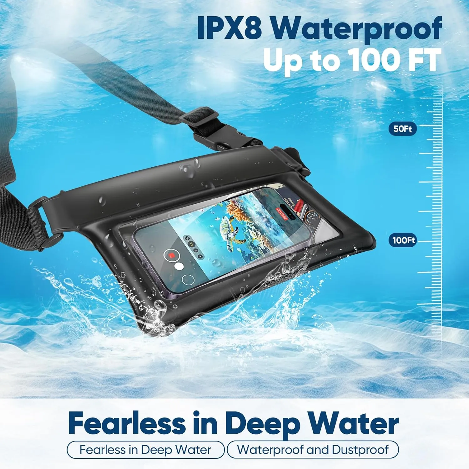 Waterproof Phone Pouch with Adjustable Waist Strap, IPX8 Floating Large Capacity Dry Bag Fanny Pack for Beach, Boating, Kayaking, Swimming, Snorkeling Black