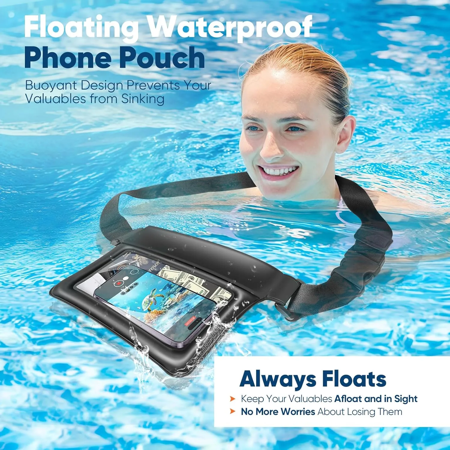 Waterproof Phone Pouch with Adjustable Waist Strap, IPX8 Floating Large Capacity Dry Bag Fanny Pack for Beach, Boating, Kayaking, Swimming, Snorkeling Black