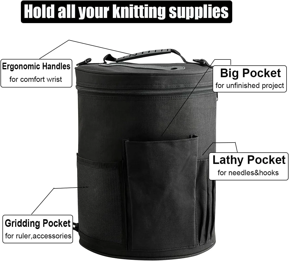 Weabetfu Large Capacity Portable Yarn Organizer Knitting Tote Storage Bag with Shoulder Strap Yarn Bags Have Pocket for Crochet Hooks,Knitting Needles & Accessories,Prevent Yarn Tangle(Black)